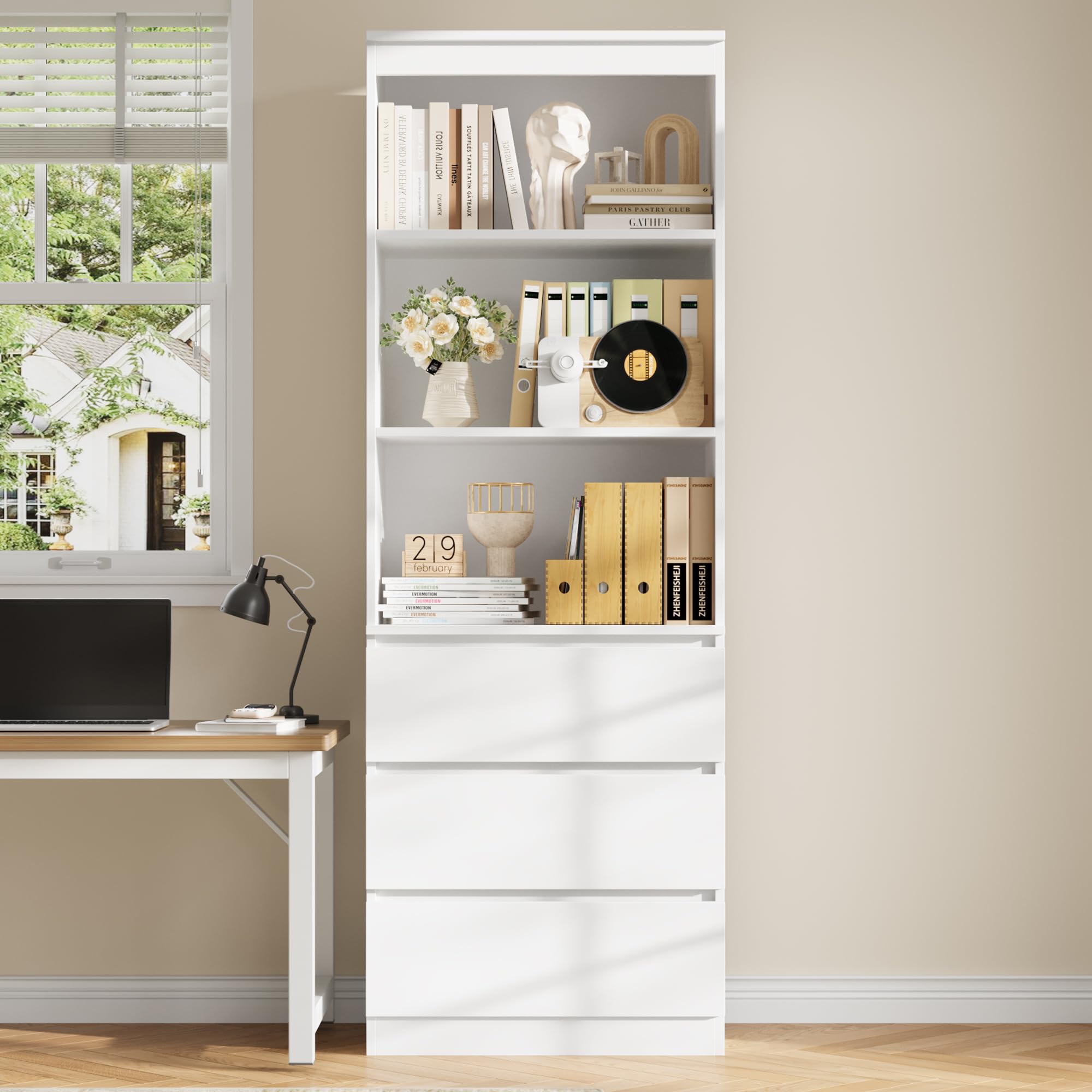 FirFurd Scaffale Libreria con 3 Scomparti Aperti e Cassetto,Scaffale per Libri,Mobiletto Armadietto Mobile in Legno,Mobile Alto Salvaspazio,per Soggiorno, Camera Letto, Studio 60x35x180cm (Bianco)