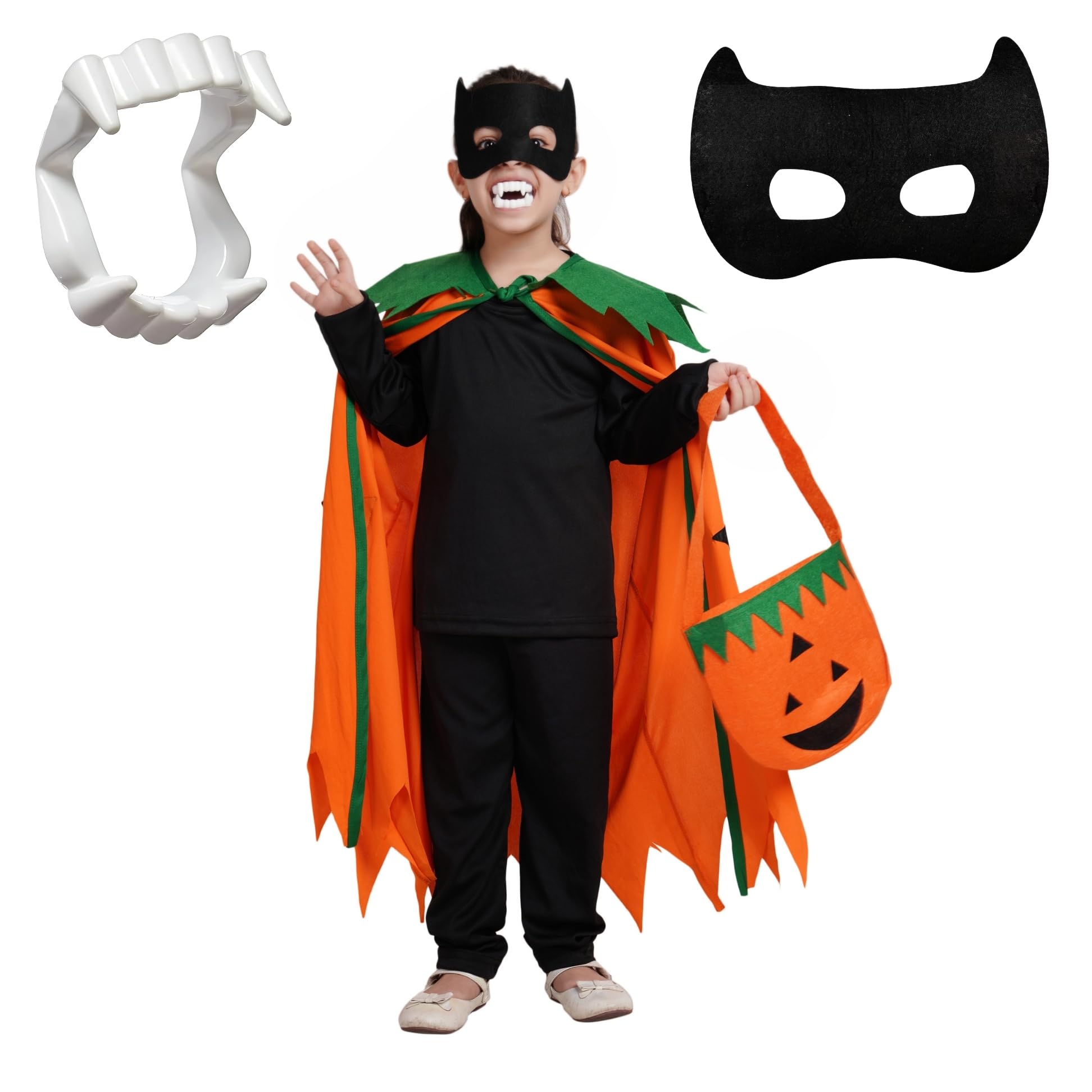 Polyester Pumpkin Robe Cape with Black Eyepatch & Devil Teeth for Halloween Costume for Kids - 5-6 Years