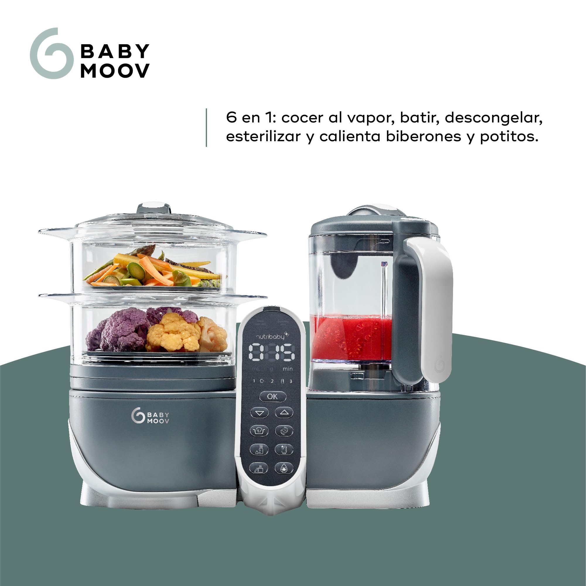 Babymoov Nutribaby(+), Robot Multifunción 6 en 1, Vaporera, Batidora, Gran Capacidad para el Bebé, Óptimo para la Cocina por Lotes, Gris