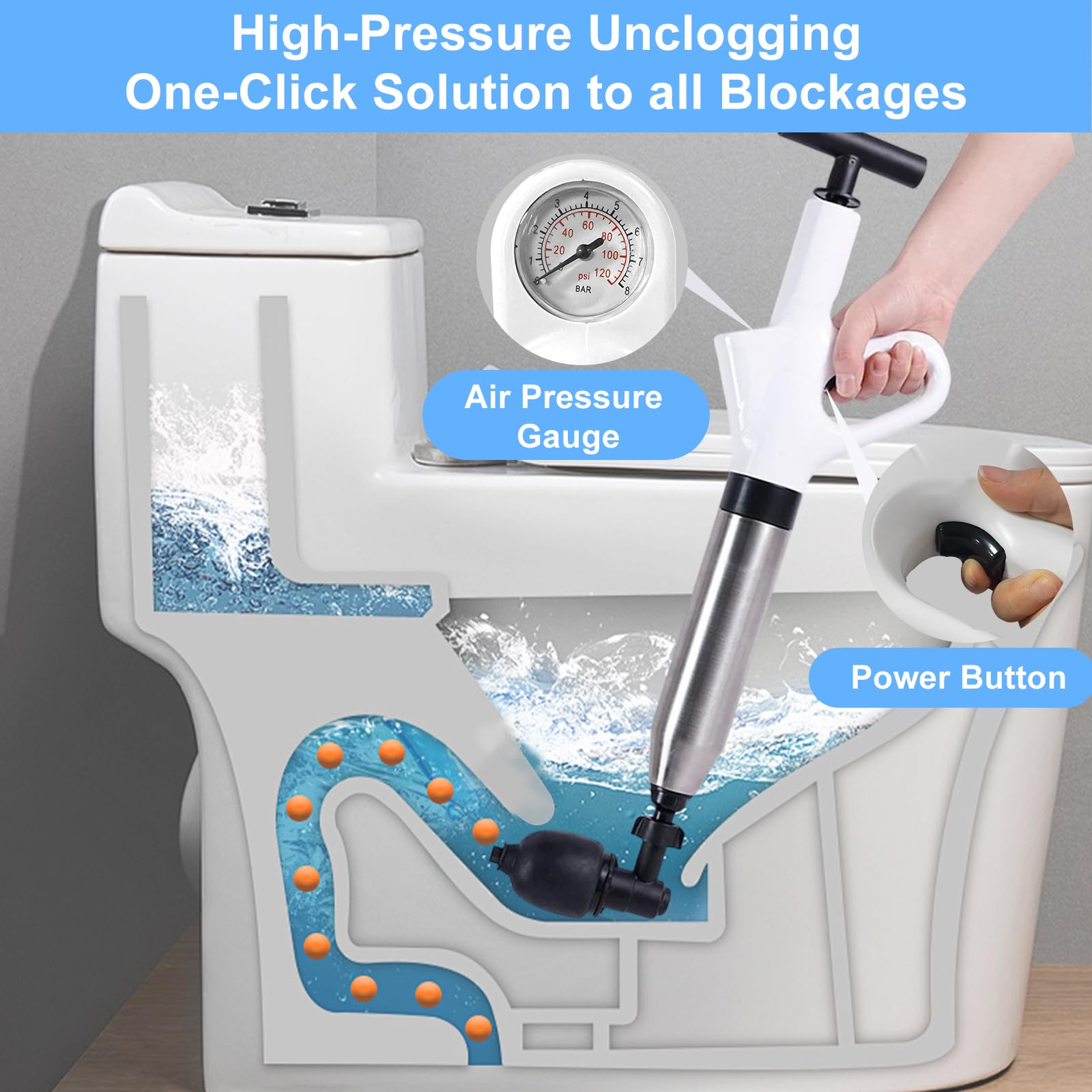 Pulitore per tubi con indicatore di pressione dell'aria, 4 ventose, pulitore per tubi ad aria compressa, per lavabo, WC, bagno, doccia, cucina