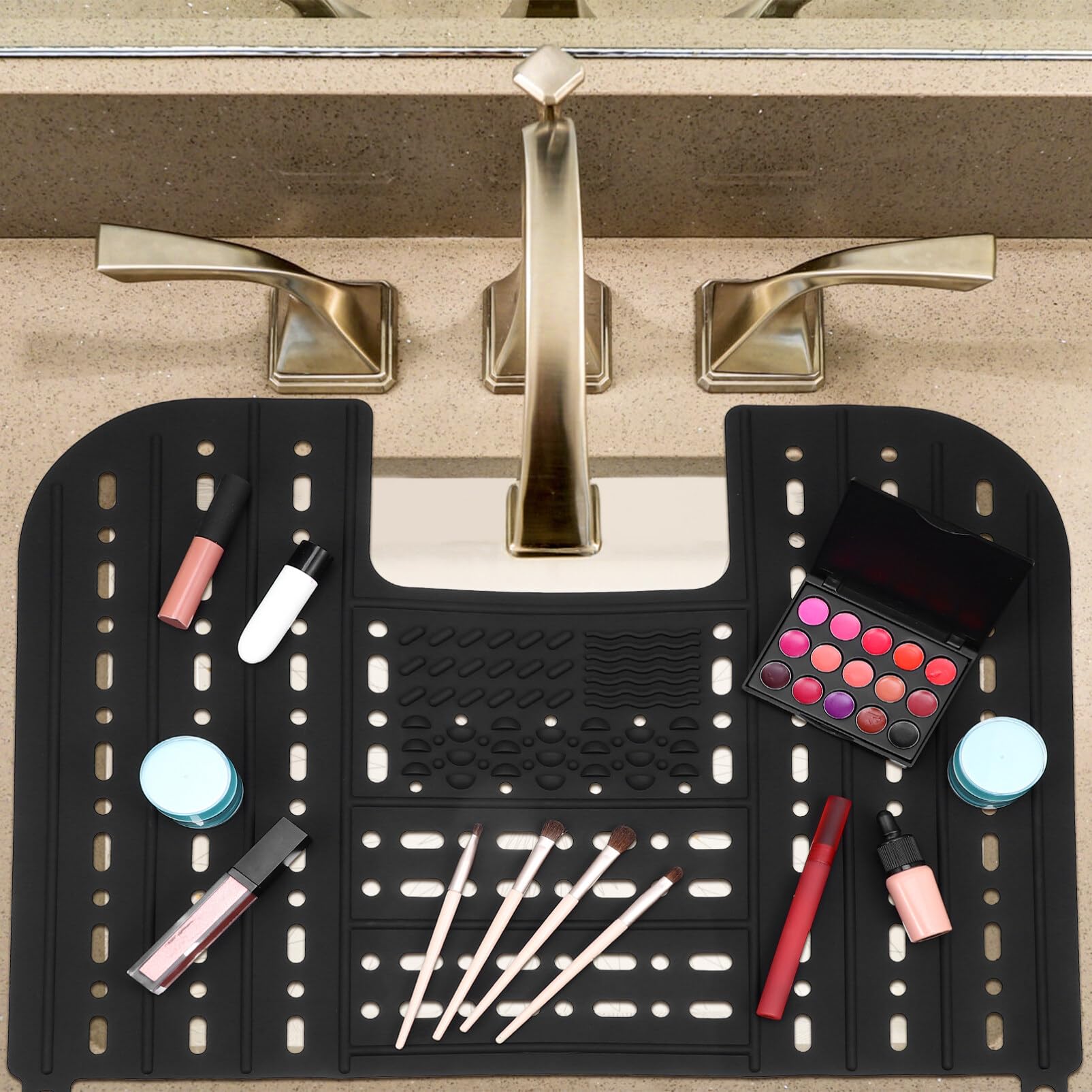 HOLIDYOYO Foldable Sink Cover - Silicone Beauty Makeup Brush Cleaning Mat - Bathroom Sink Cover Silicone Compact Rollable With Hanging Loop And Beauty Makeup Brush Cleaning Mat