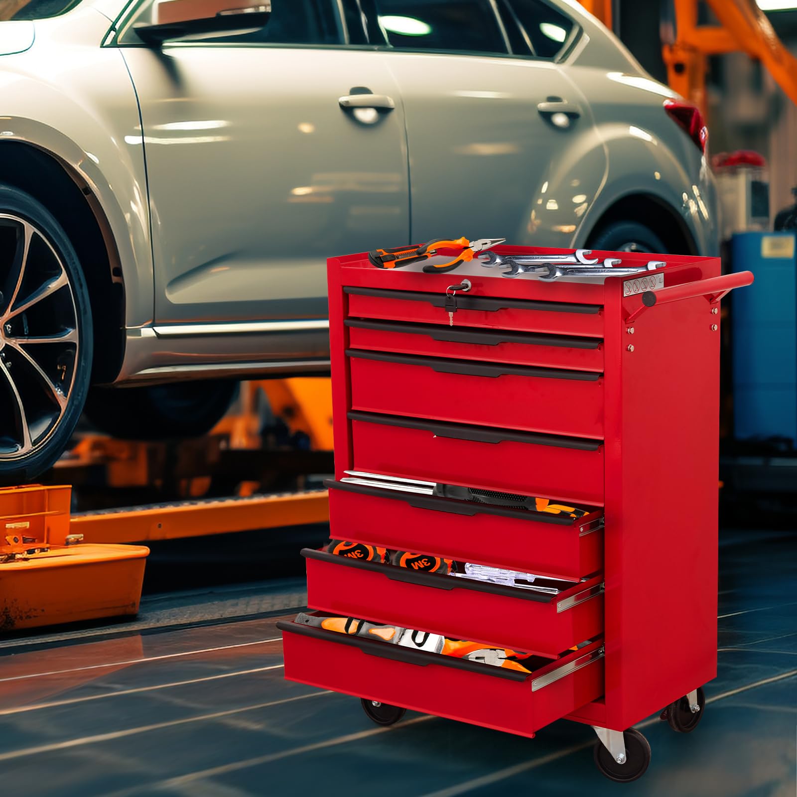 Servante d’Atelier avec 7tiroirs,Caisse à Outils en métal de grande capacité | avec roues et serrure à clé | chariot à outils de rangement roulant pour garage, etabli atelier garage (Rouge, 7 Tiroirs)
