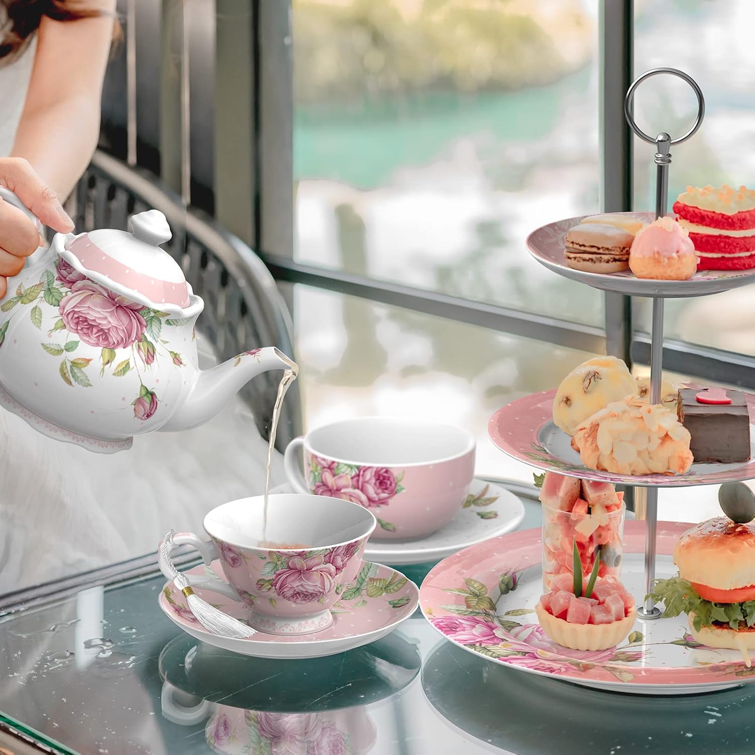 London Boutique Tea Cup and Saucer Set 1 Afternoon Tea Set New Bone China Vintage Flora Gift Box 200m (Pink)