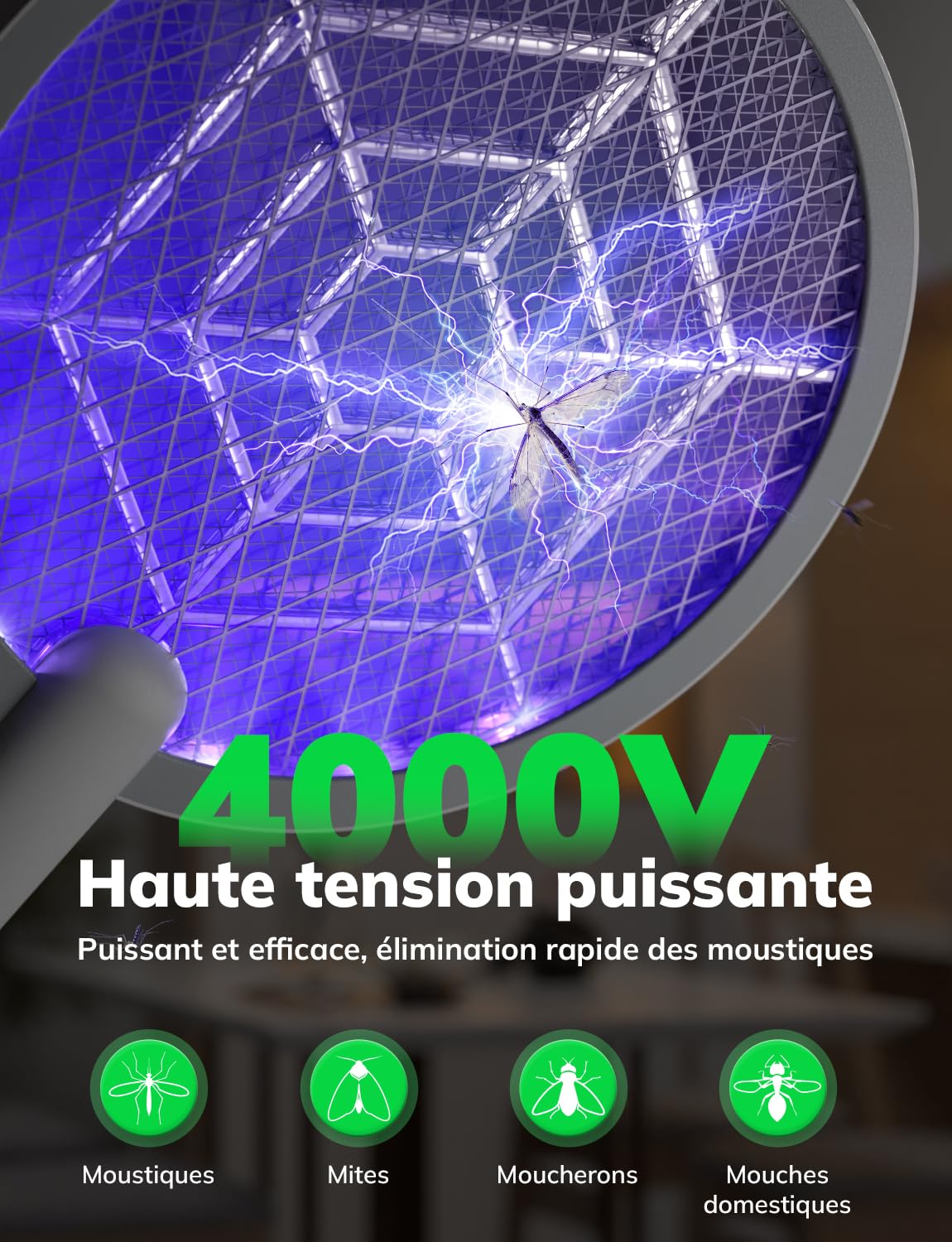 YISSVIC Raquette Electrique Insectes 1800mAh Raquette Anti Moustique 4000V Tapette à Mouche Puissante ave Base Lumineuse Rechargeable USB-C Élimine Moustiques Mites Fourmis Volantes (Blanc)