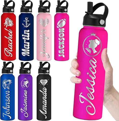 Botellas de agua personalizadas con pajilla, botella de agua grabada personalizada de 24 onzas para la escuela, nombre personalizado, doble pared