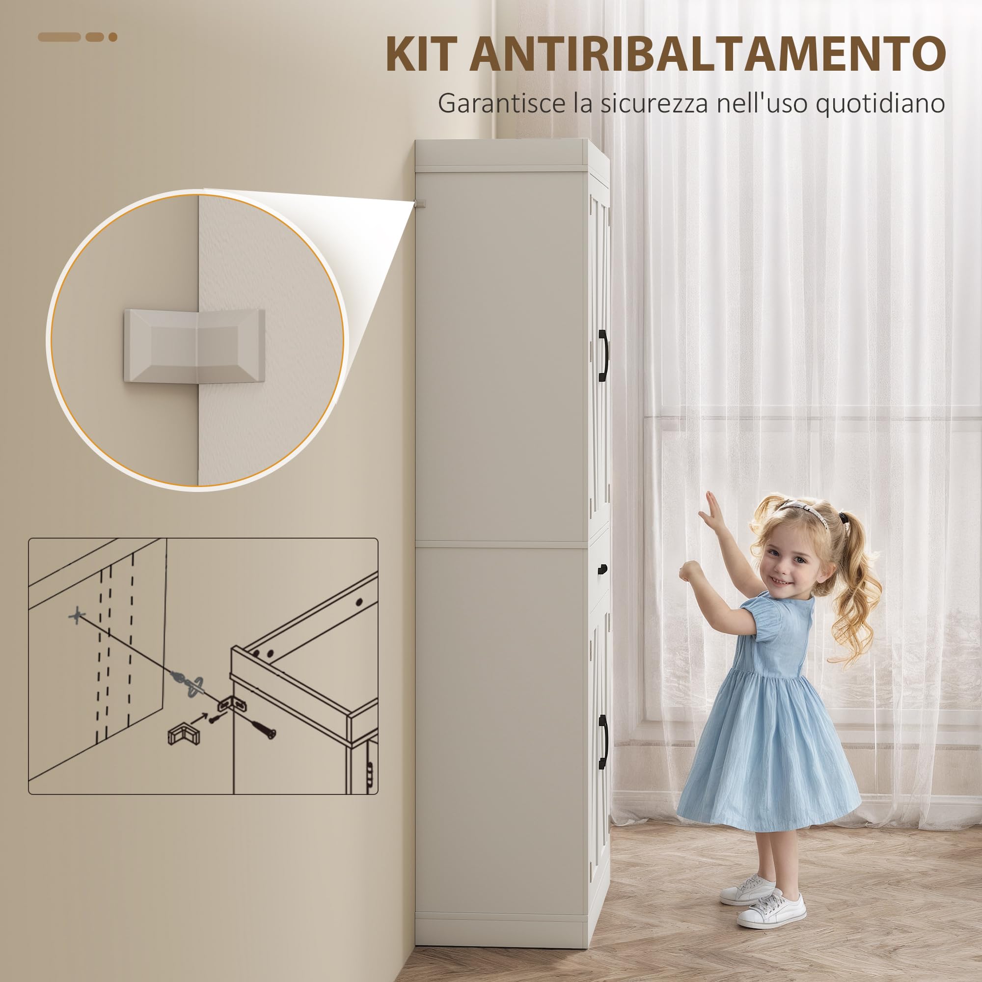 HOMCOM Credenza Cucina Alta 183.5 cm con 6 Portaspezie sulla Porta Bianco | 4 Ante a Fienile e Cassetto, Mobile Dispensa Rustico, Ripiani Regolabili, per Sala da Pranzo, Soggiorno