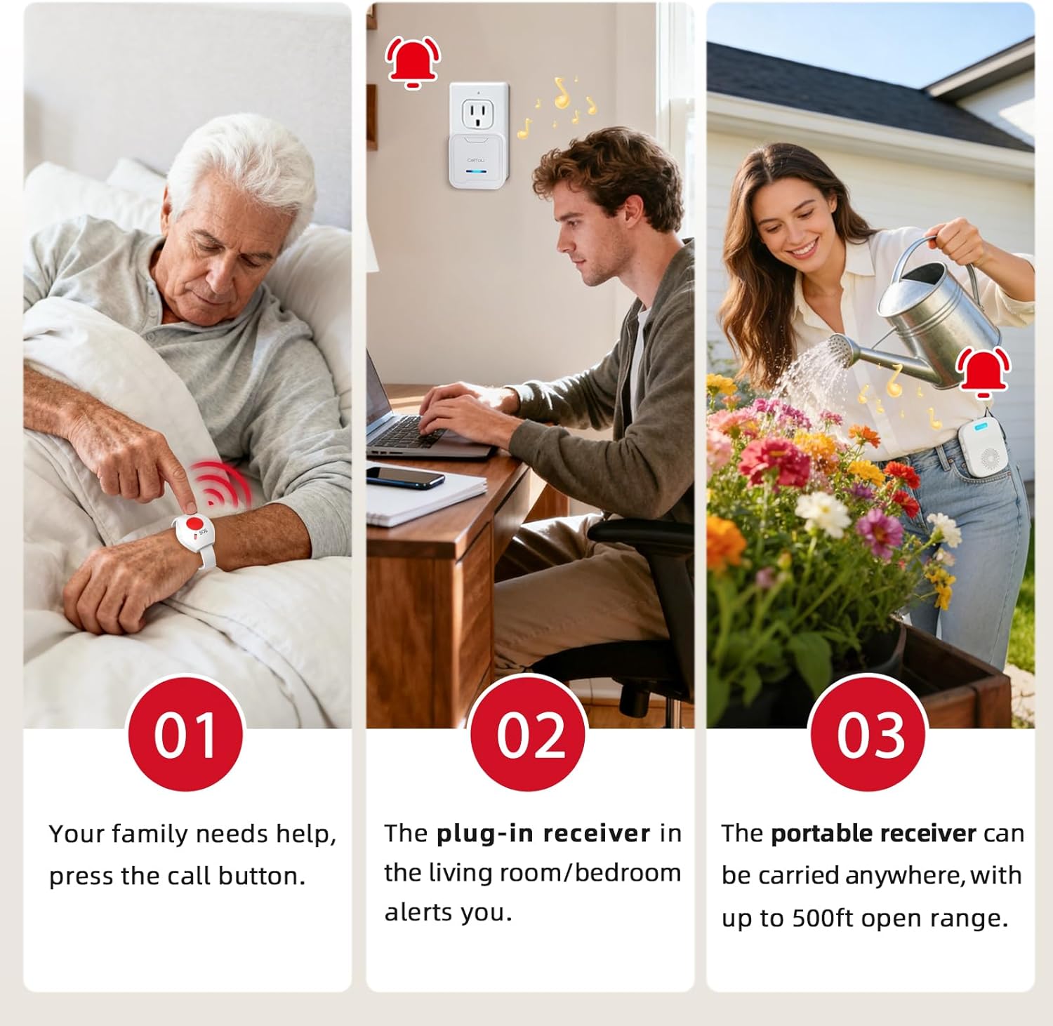 calltou wireless caregiver pager call button for elderly - nurse alert system with 4 sos panic button, 500+ feet range, 1 usb receiver & 2 plug-in receiver for home care seniors monitoring cc05-06wh 4-3