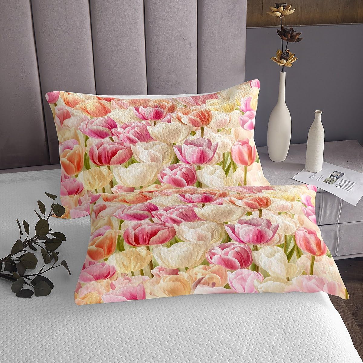 Erosebridal Pink White Tulip Quilt Set Romantic Dreamy Tulip Queen Bedspread Sets for Girls,Pastel Spring Flowers Coverlet Sets for Kids Teen Women,Watercolor Garden Floral Bedding Set