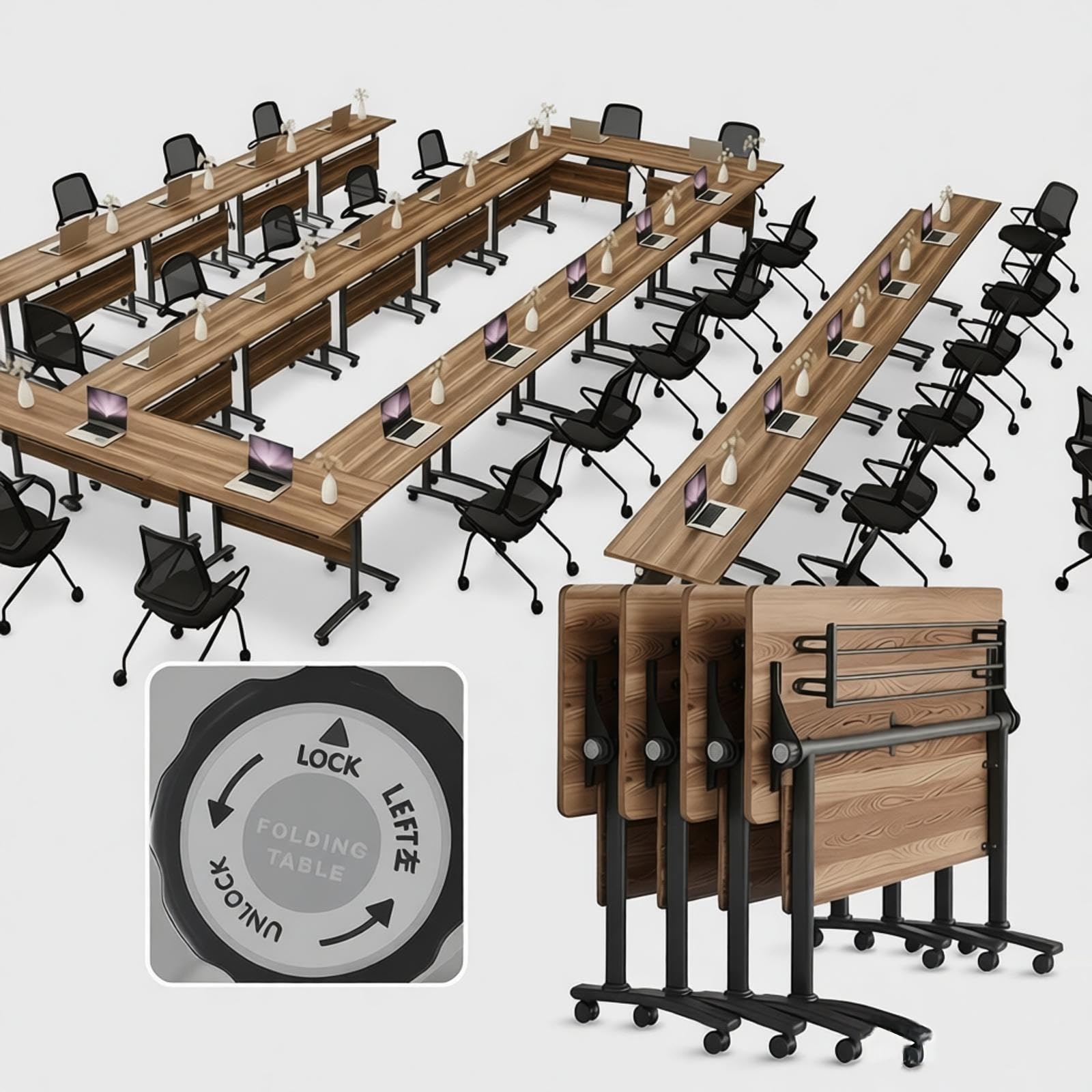 Attivegn Conference Room Tables with Wheels,Mobile Conference Table with Folding Button Modern Seminar Meeting Table Waterproof Wooden Training Table,