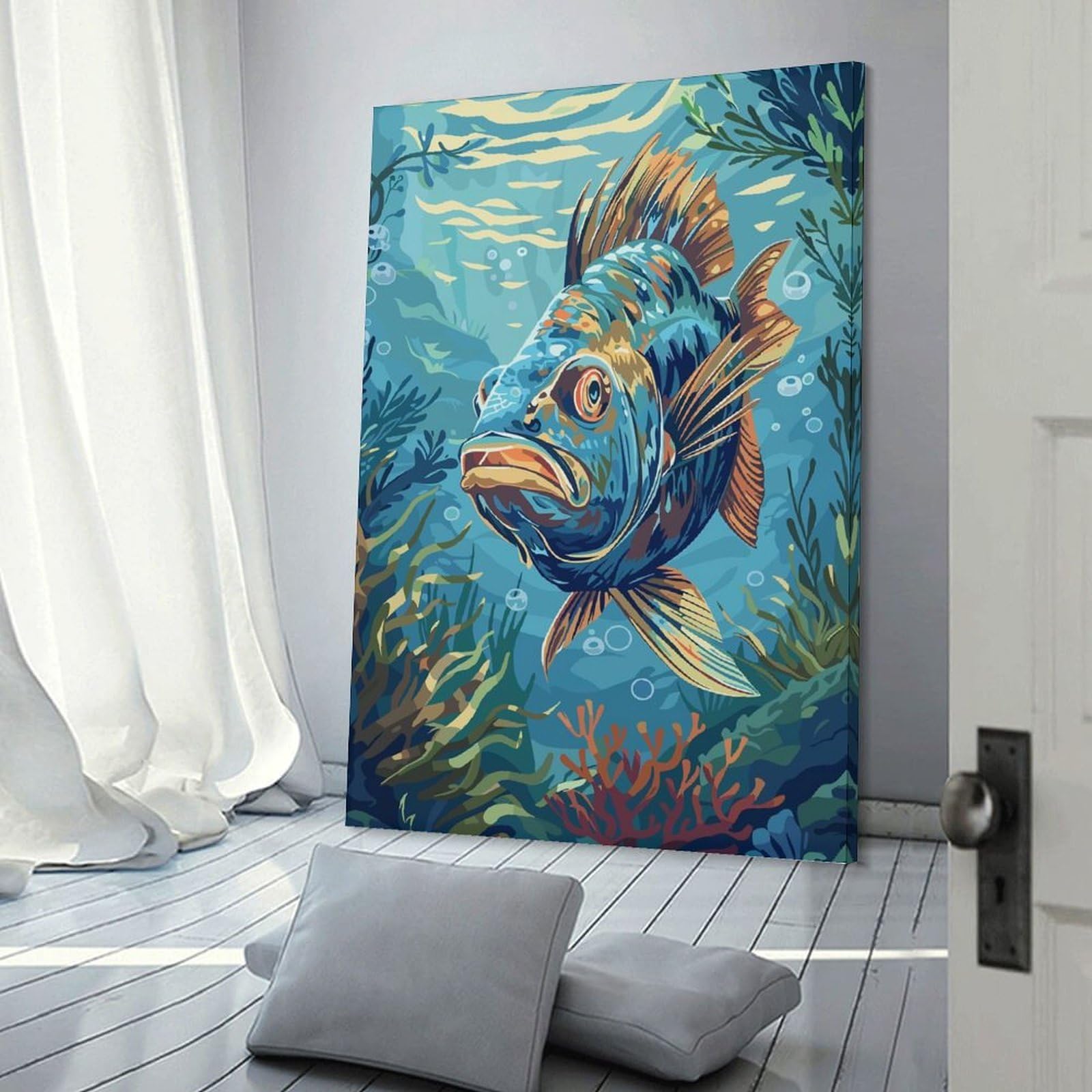 Junmoney Decorative Canvas Print Underwater Fish Illustration, 24x36inch(60x90cm), for Home Office, Desk Area Or Studio, Home Office Artwork with Decorative Appeal