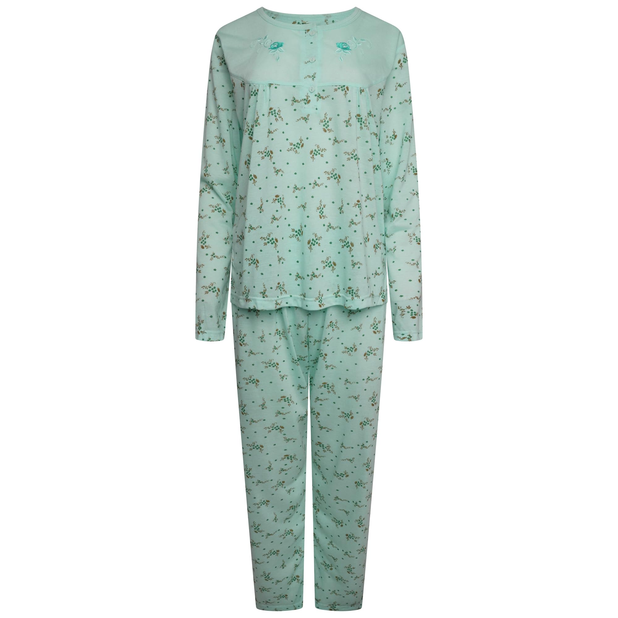 Nikaro Women's Mint Cotton Rich Daisy Print Button Tunic Long Sleeved Pyjama Set (Xl)