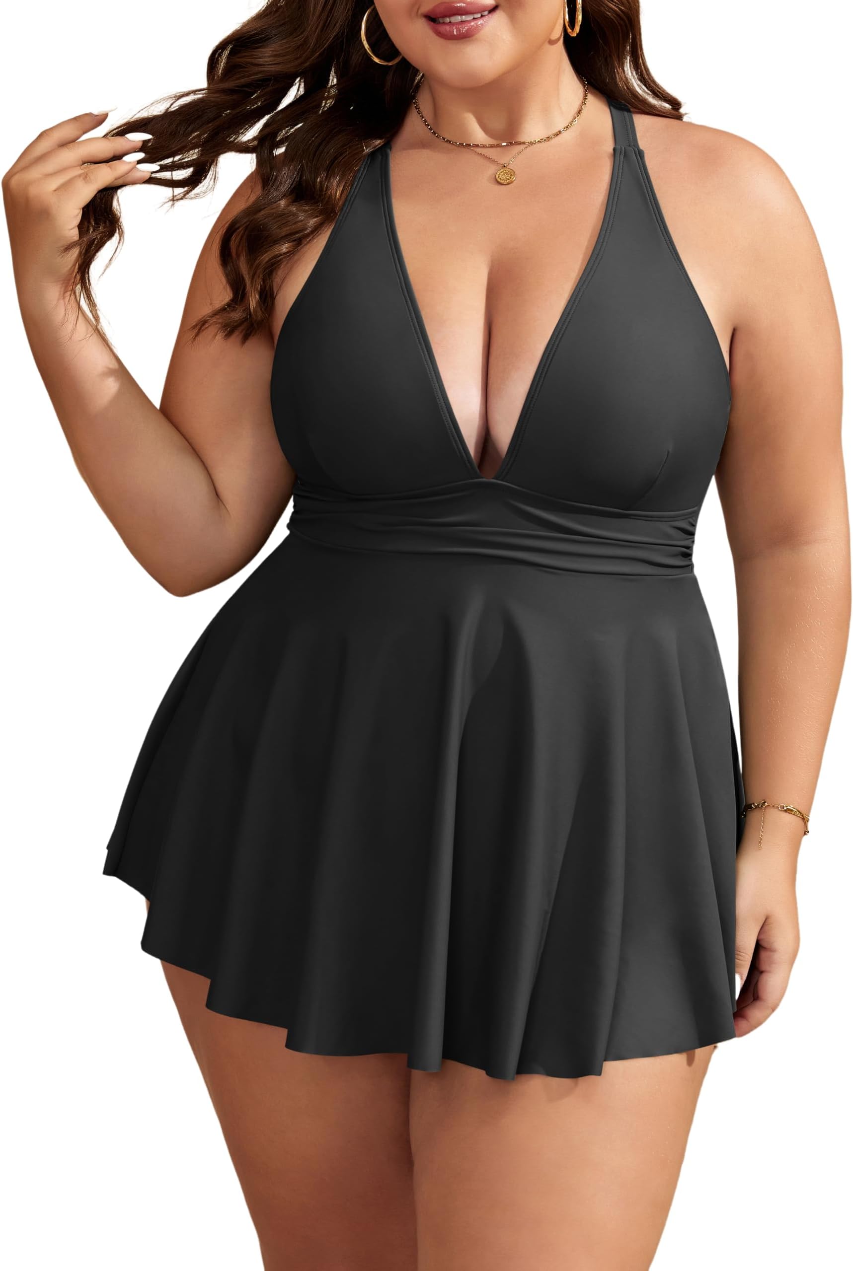 B2prity Women's One Piece Swimdress Swimsuit Plus Size Tummy Control Swim Dress V Neck Push Up Skirted Bathing Suit