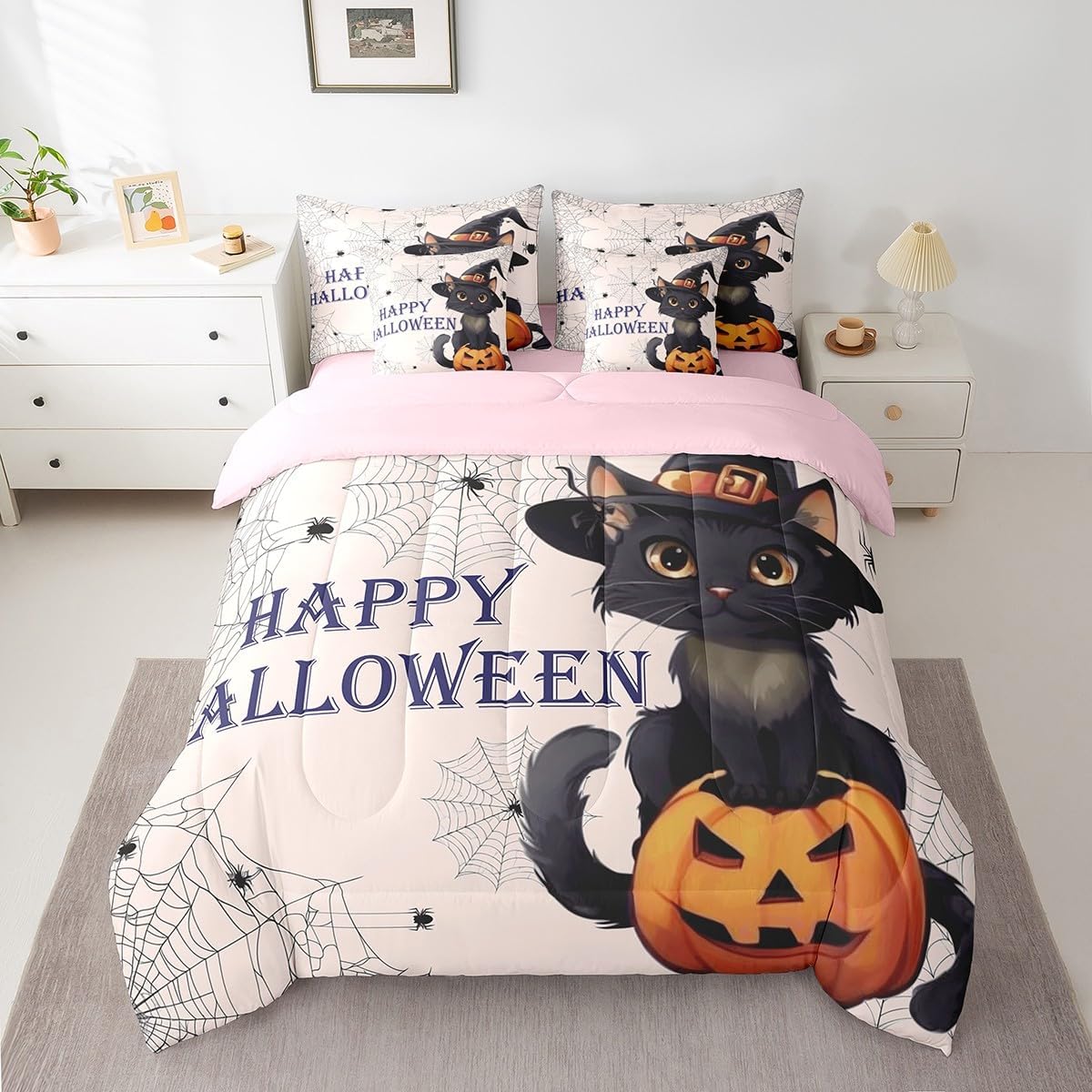 Feelyou Happy Halloween Full Comforter Set with Sheets Cute Cartoon Ghost Bed in a Bag for Kids Teens Adults Horror Theme 7 Pieces Bedding Set Witchcraft Bed Set Room Decor
