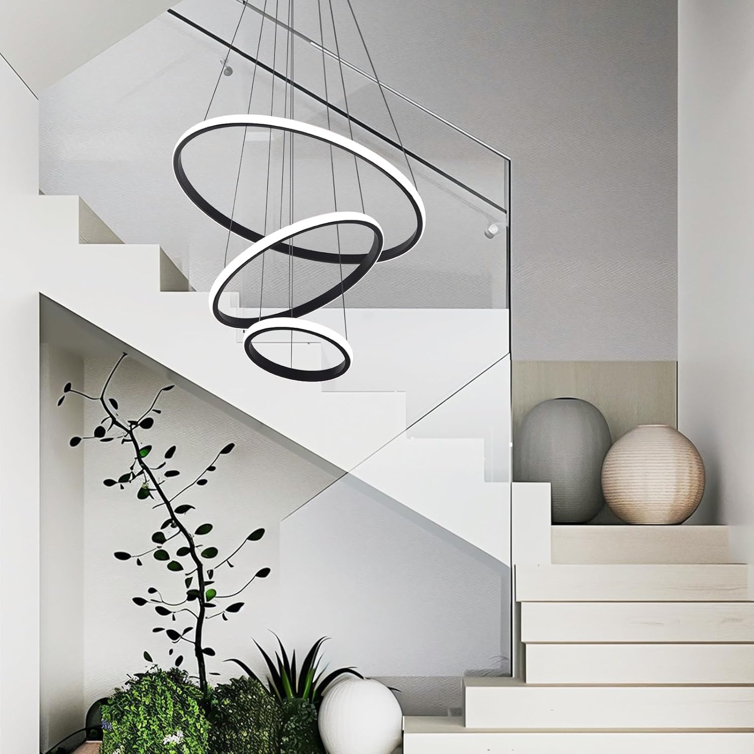 DELIPOP Modern LED Pendant Light Fixture, 40W Black Dimmable Round Ring Chandelier with Remote Control, Flush Mount High Ceiling Light for Dining Room Kitchen Living Room