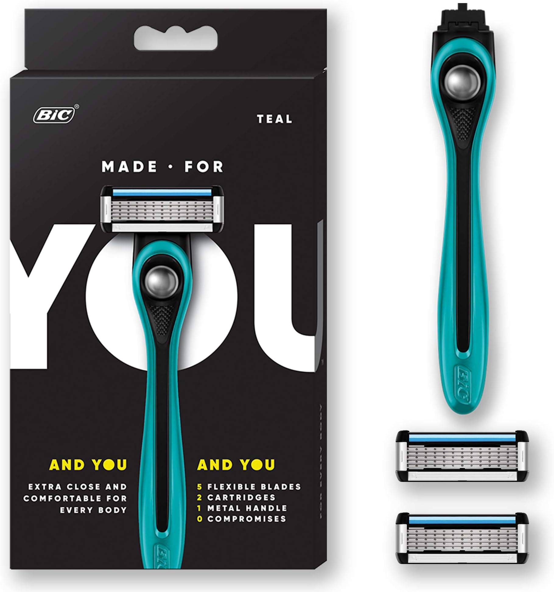 Made For You by BIC Shaving Razor Blades for Every Body - Men & Women, with 2 Cartridge Refills - 5-Blade Razors for a Smooth Close Shave, TEAL, Kit