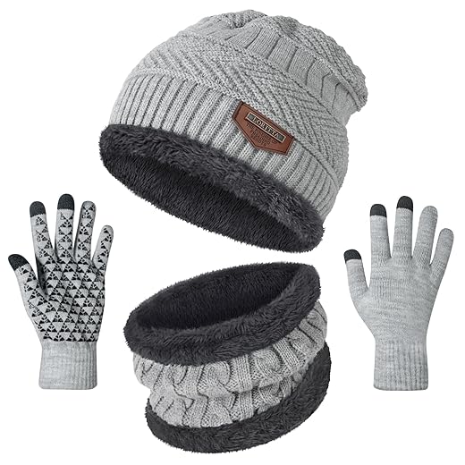 Winter Beanie Hats Scarf Gloves Set Thick Warm Slouchy Beanies Hat Knit Skull Cap Neck Warmer for Men Women,Light Grey