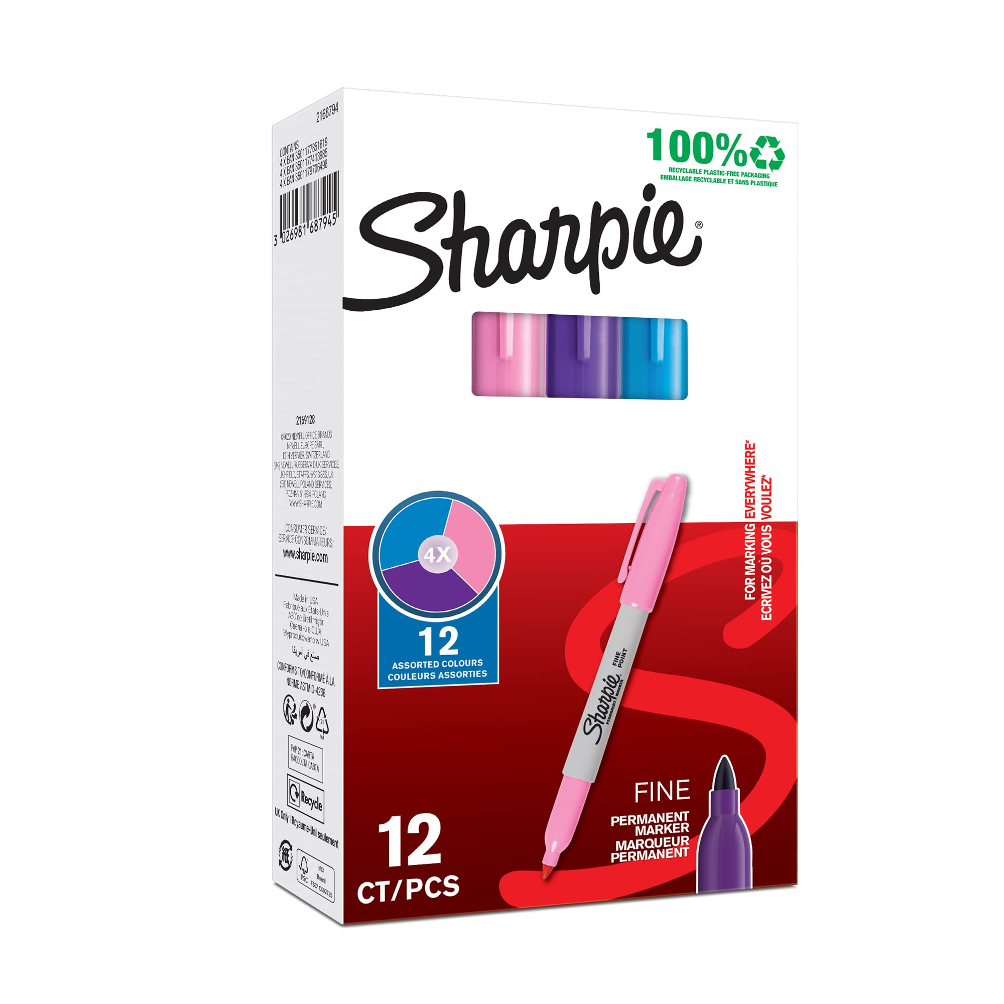 Sharpie 94327 Pack of 12 Fine Markers, 1 mm, Multicoloured, Purple/Pink/Bright Blue