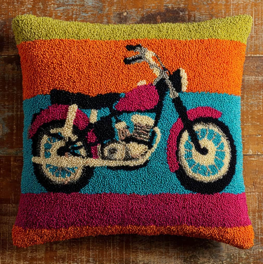 WallustrioaW Latch Hook Pillow Case Kits,Motorcycle 17X17 Inch Latch Hook Cushion Cover Kit,Knitting Kits Cushion for Adults Rug Making Kit for Starters