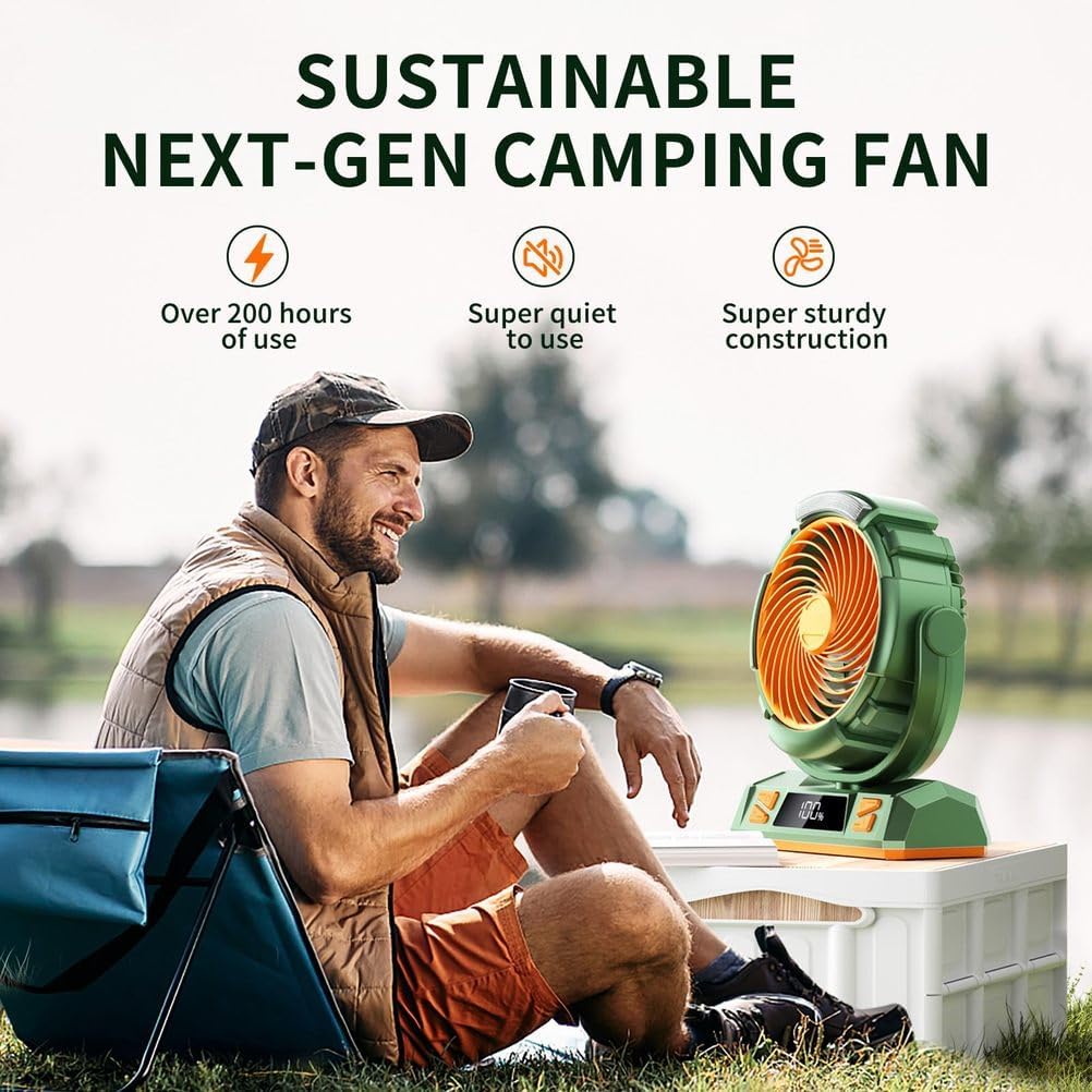 20000mAh Rechargeable Battery Powered Outdoor Tent Fan with Light and Hook, 6 Speed, Personal USB Desk Fan for Camping, Fishing, Power Outage,Hurricane