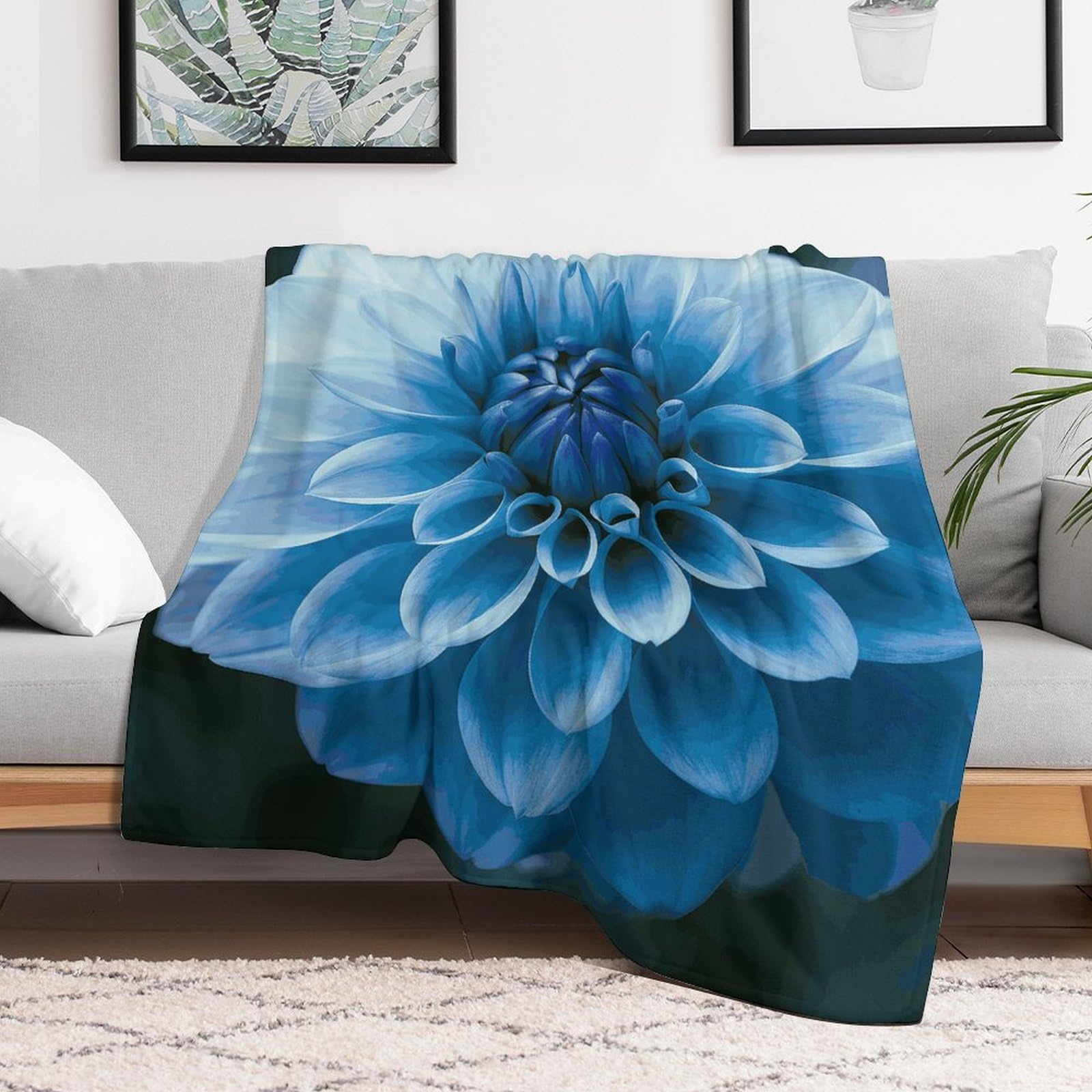 Couverture en micro polaire dahlia bleu de lit et canapé haut de gamme