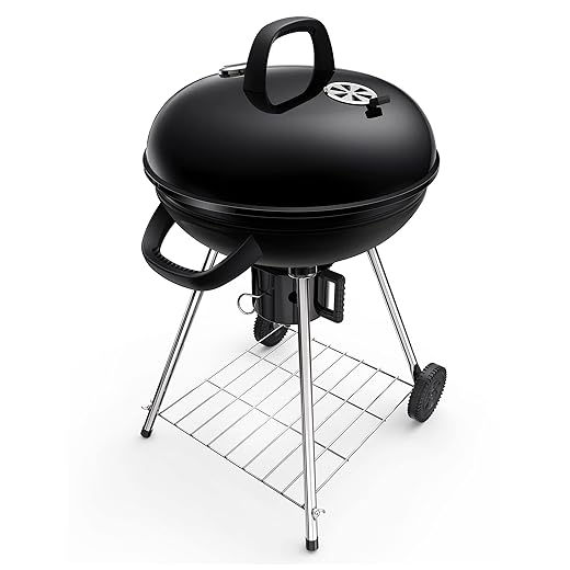 22-Inch Charcoal Grill Leuwd, Kettle Charcoal Grill with Plated Steel Grates, Lid Thermometer, Slid Out Ash Catcher, Integrated Wheels, for BBQ, Patio, Backyard, Outdoor Cooking, Picnic