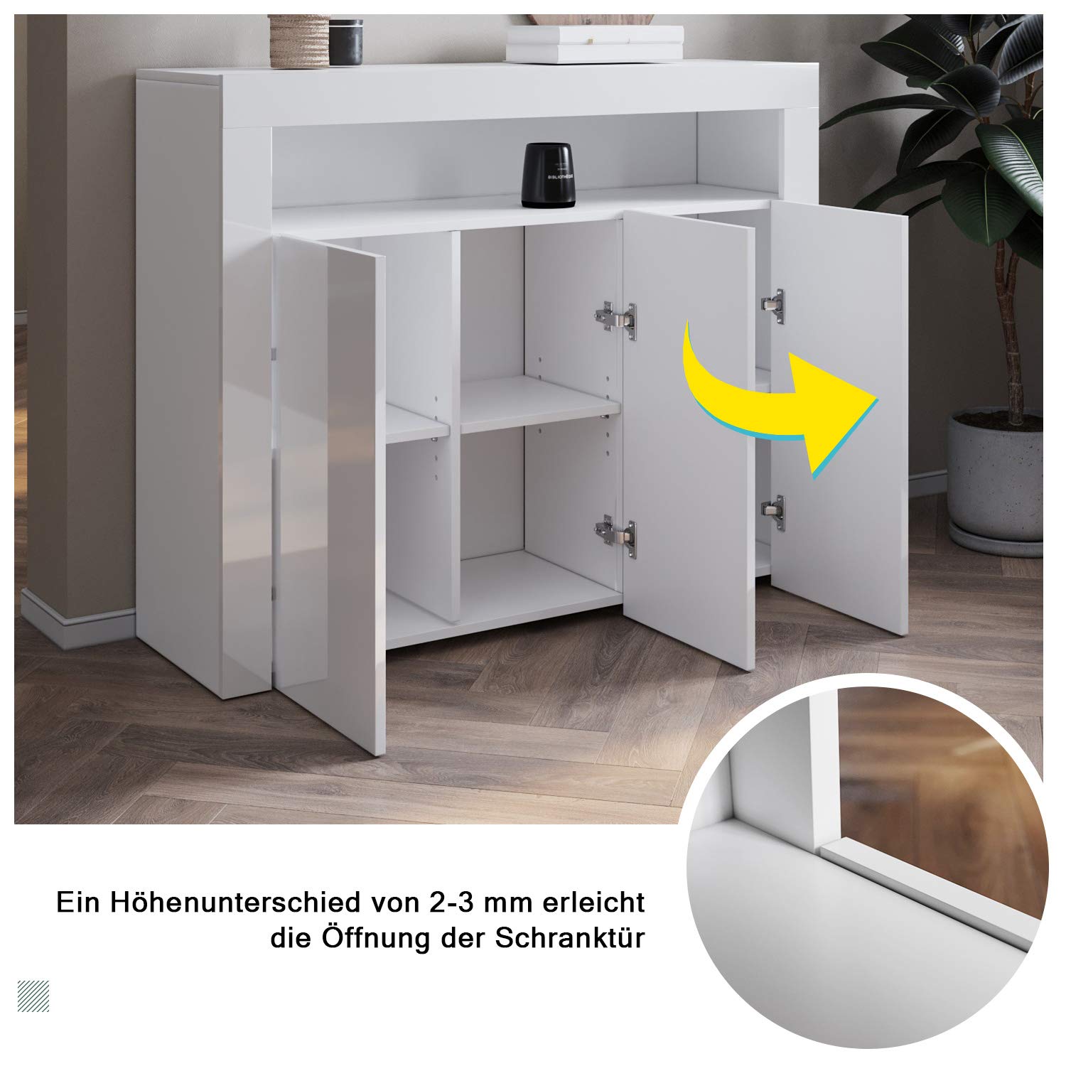 SONNI Kommode mit 3 Hochglanz Türen, LED(16 Farben), 116x35x93cm, Weiß | Sideboard mit Schrank, Komodenschrank, Wohnzimmermöbel, Wohnzimmerschrank, Standschrank für Küche, Esszimmer, Wohnzimmer