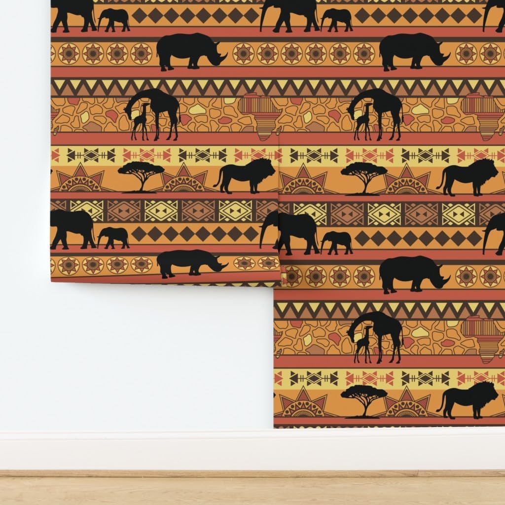 Removable Wallpaper 9ft x 2ft - Safari Style African Earth Animals Rhino Elephant Giraffe Landscape Geometric Orange Large Fair Custom Pre-Pasted Wallpaper by Spoonflower