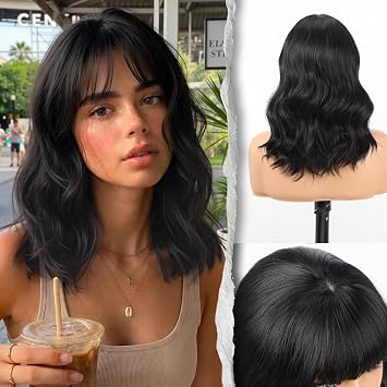 Jet Black Wig With Bangs 16 wavy PuffPro Voluminous High Crown Wigs for Women,3x4 Parting Realistic Scalp,Old Money Aesthetic/Mob Wife Versatile Styles