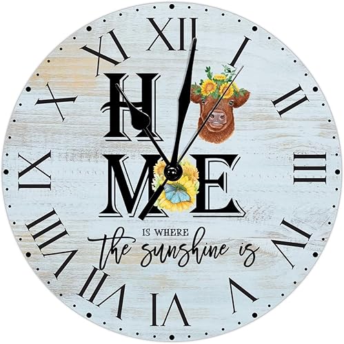 ArogGeld Home is Where The Sunshine is PVC Reloj de pared colgante de vaca con números romanos, versículo bíblico de 8.8 pulgadas, silencioso, sin