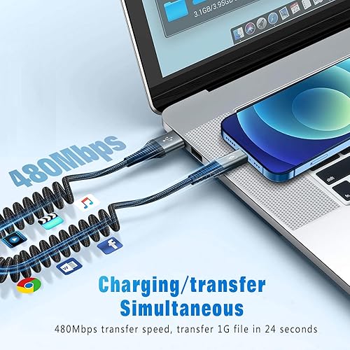 Miniatura 3 de JUKEKUL Cable Lightning en espiral de 3 pies de nailon trenzado, cargador de iPhone de carga rápida para automóvil certificado Apple MFi, compatible