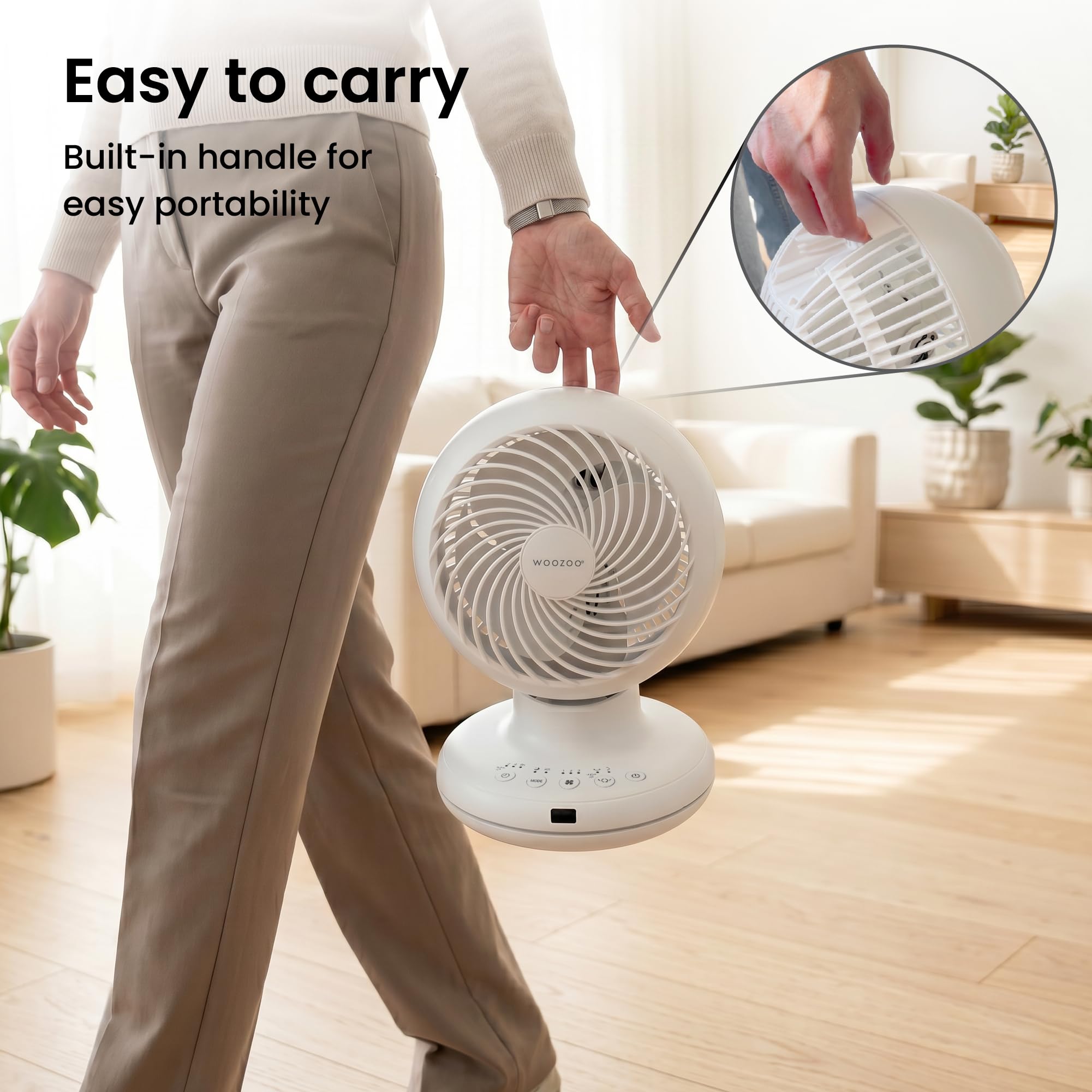 Iris Ohyama Woozoo Tischventilator, Raum bis 28m², Multidirektionale Oszillation, Fernbedienung, Leise 21dB, Tragbar, 3 Geschwindigkeitsstufen, Timer, Fan, Für Schafzimmer, Büro, Weiß, PCF-BC15TEC