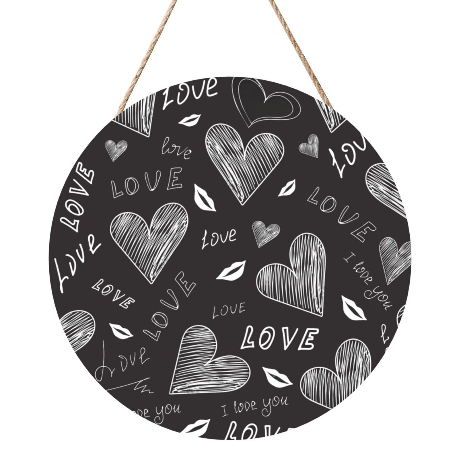 InOmak Handwritten Hearts Words Love, Round Wood Panel Painting 12 in, Wall Hanging Painting For Home