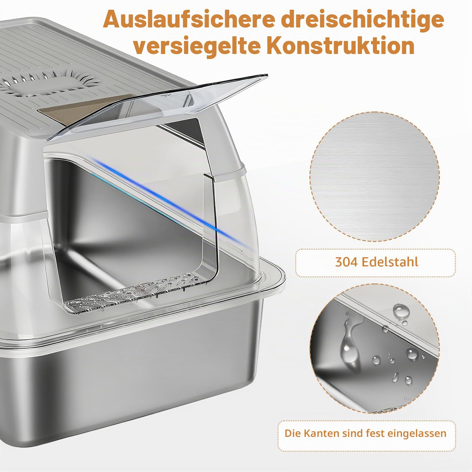 Edelstahl Katzenklo XXL 37L – Geschlossene Katzentoilette für große Katzen, mit 120° Klappdeckel, Trittstufe und Schaufel, geruchsarm, auslaufsicher, leicht zu reinigen, Cremegrau
