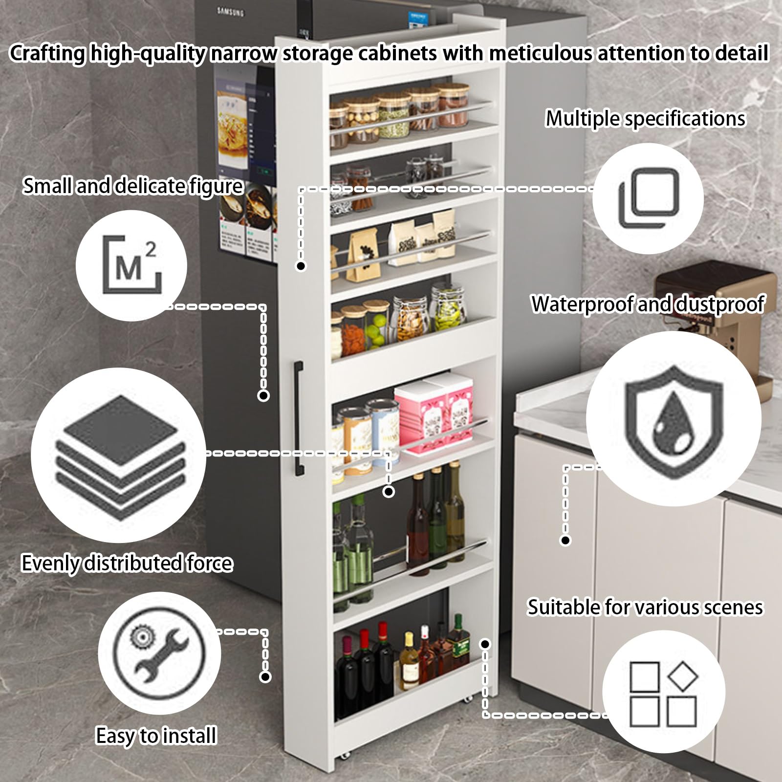 Carrito de cocina delgado con ruedas, estante extraíble para especias, organizador de almacenamiento rodante que ahorra espacio, metal y madera para espacios pequeños, perfecto para despensa o comedor