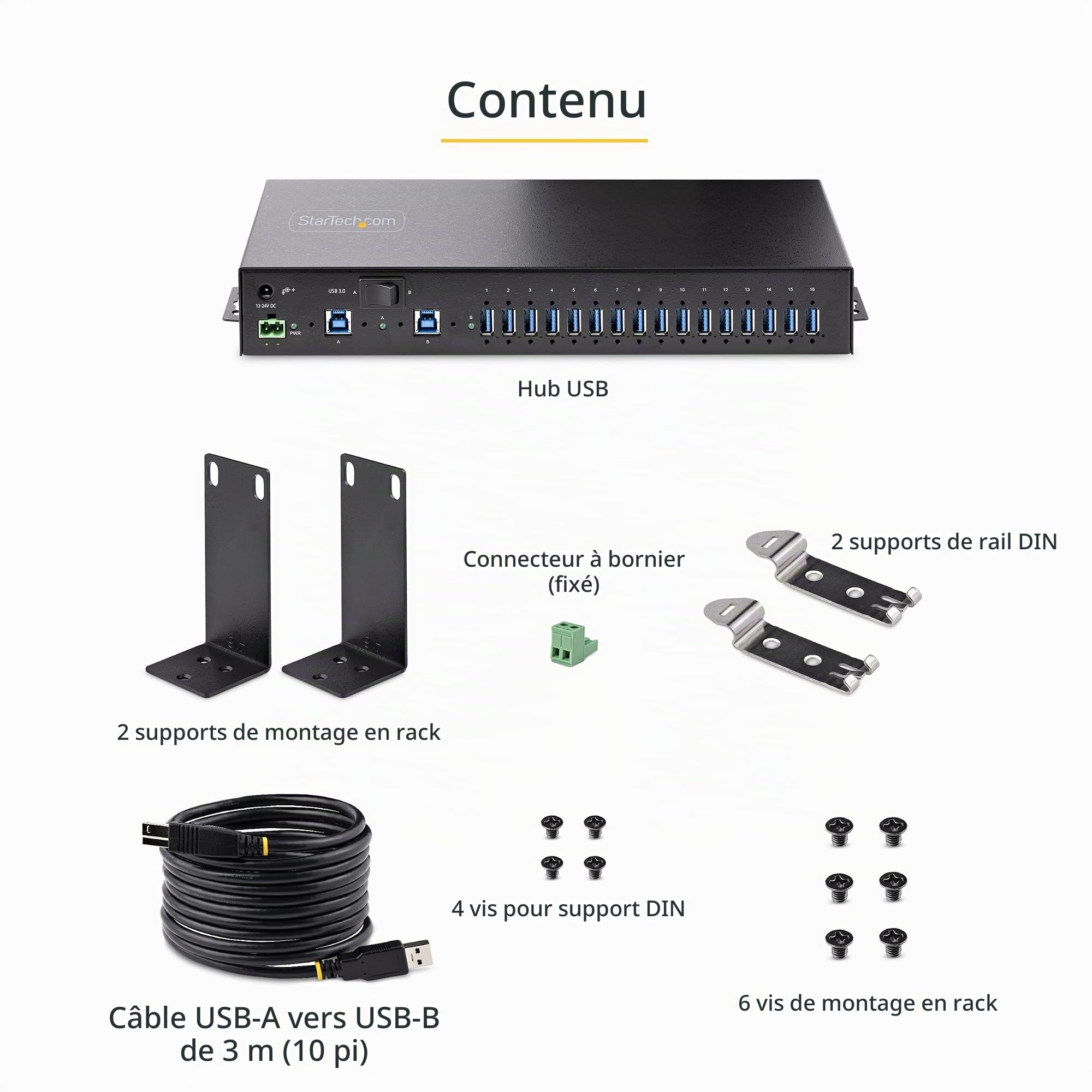 StarTech Hub Industriel USB 3.0 16 Ports 5Gbps, ESD (5G16AINDS-USB-A-HUB) | Metal, Double hote, Montage rail DIN surface rack, Bornier, Charge USB 120W, Dock