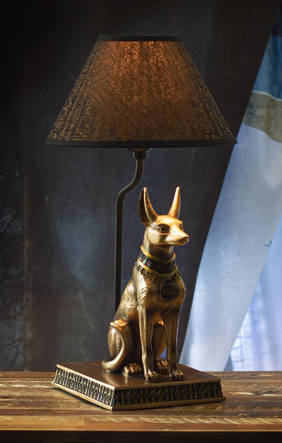 Ebros Gift Ancient Illumination Classical Egyptian God Anubis Jackal Dog Side Table Lamp Sculpture with Hieroglyphic Shade Deity Patron of Death Afterlife and Mummies Lighting Accent