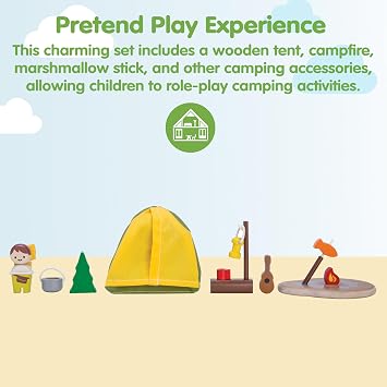 PlanToys Pretend Play Camping Set (6624) | Sustainably Made from Rubberwood and Non-Toxic Paints and Dyes | wooden camping play set, montessori imaginative role play, social skill development, open-ended adventure toys, kids toy