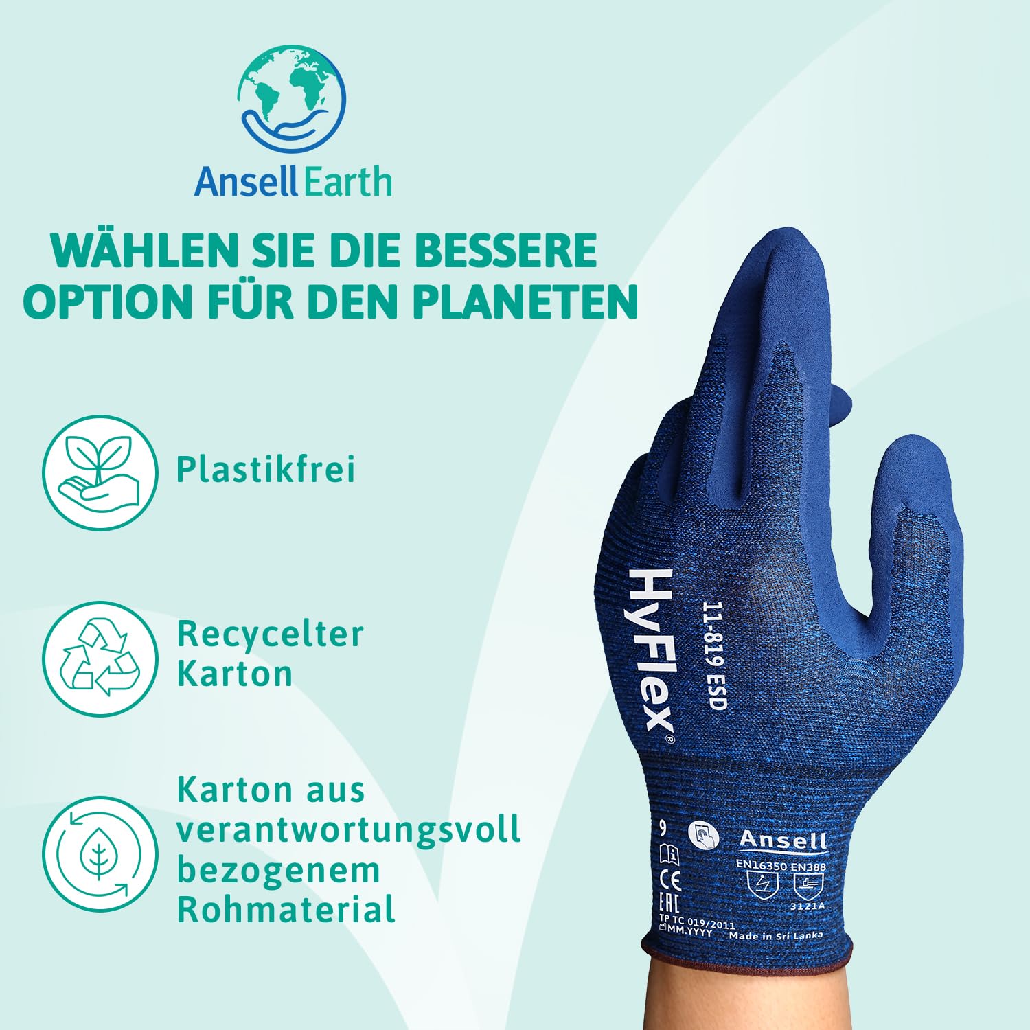 Ansell HyFlex 11-819 Dünne Arbeitshandschuhe, Rutschfeste Nitril-Beschichtung, Schutzhandschuhe vor Elektrostatischen Entladungen, Antistatisch, TouchScreen, Blau, Größe L (12 Paar)