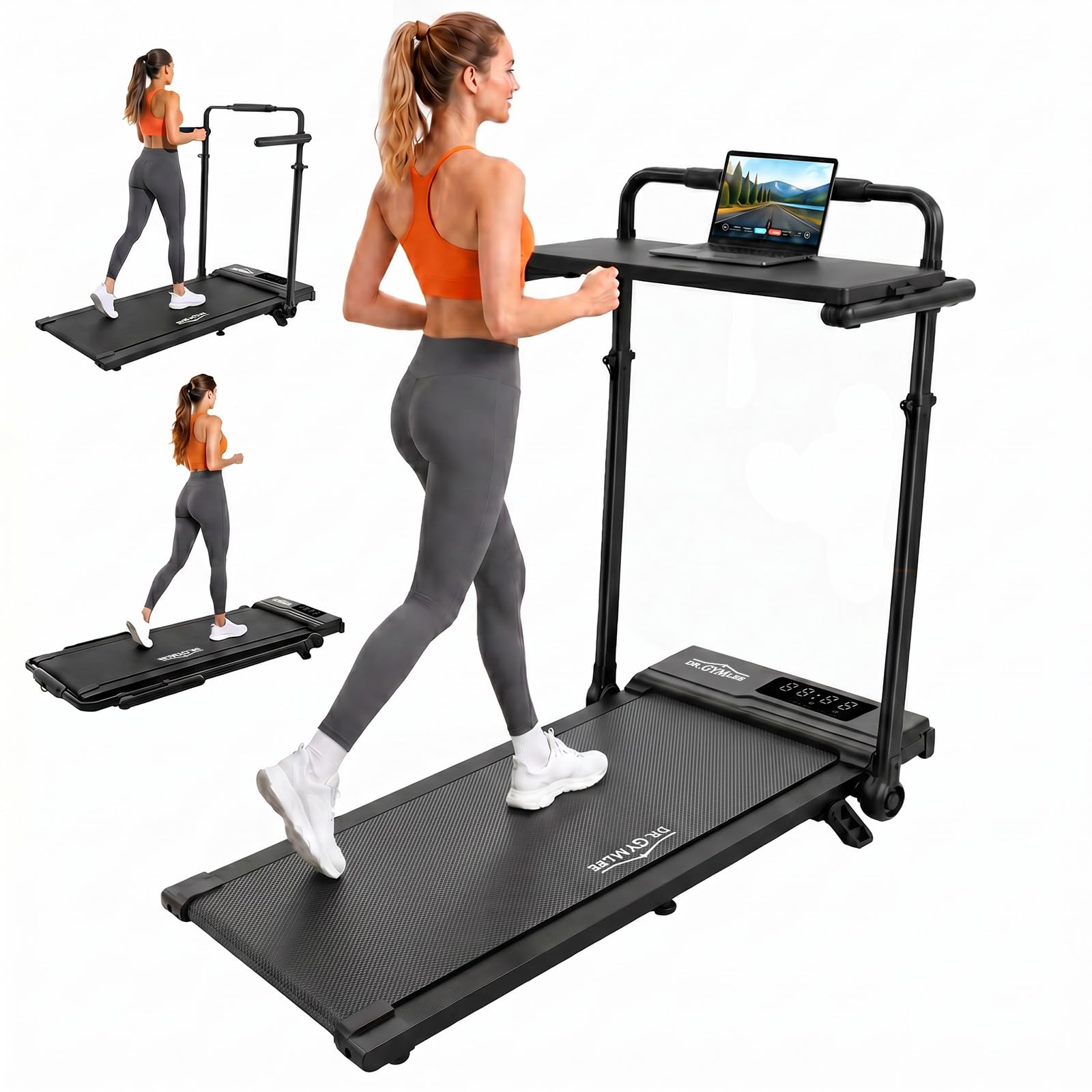 Tapis de course pliable, Walking Pad 6 en 1 avec inclinaison à 2 niveaux, vitesse 1–12 km/h, guidon extensible 15 cm, poste de travail, tapis silencieux, charge 130 kg