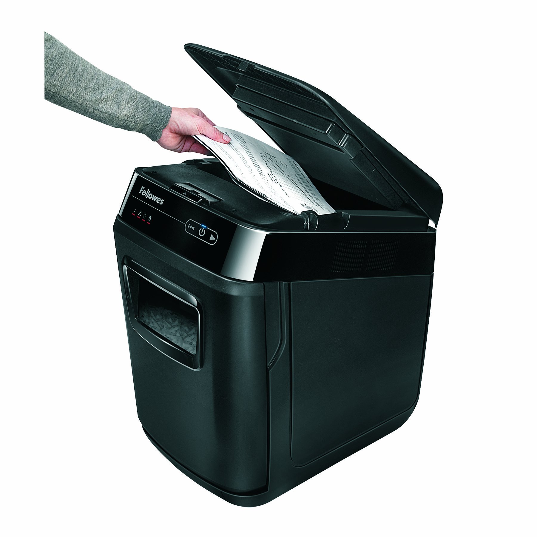 Fellowes Autofeed niszczarka do dokumentów Automax 200C, 4 x 38 mm cięcie cząstek (P-4), 200 arkuszy, dla 1-3 użytkowników w biurze lub domowym biurze, cicha praca dzięki SilentShred, niszczenie płyt