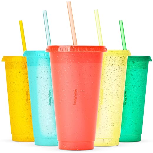 Cups with Lids and Straws for Adults - 5 Glitter Reusable Cups with Lids and Straws in Citrus Colors, 24 oz Iced Coffee & Bulk Party Tumblers, Plastic Tumbler with Lid and Straw for Water & Smoothie