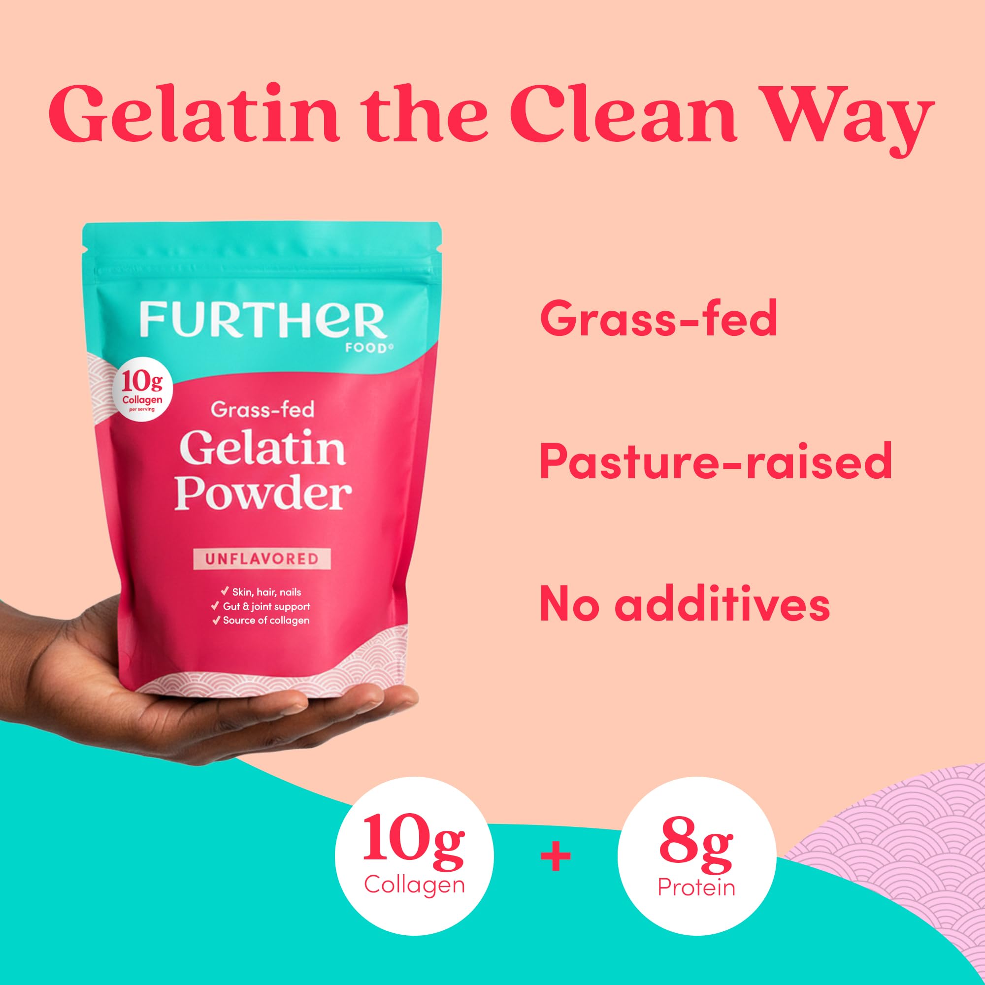 Further Food Gelatina en polvo de alta calidad - Piel de res sin sabor, alimentada con hierba y criada en pastoreo, sin OGM, sin azúcar, adecuada para ceto y paleo, 899,8 g