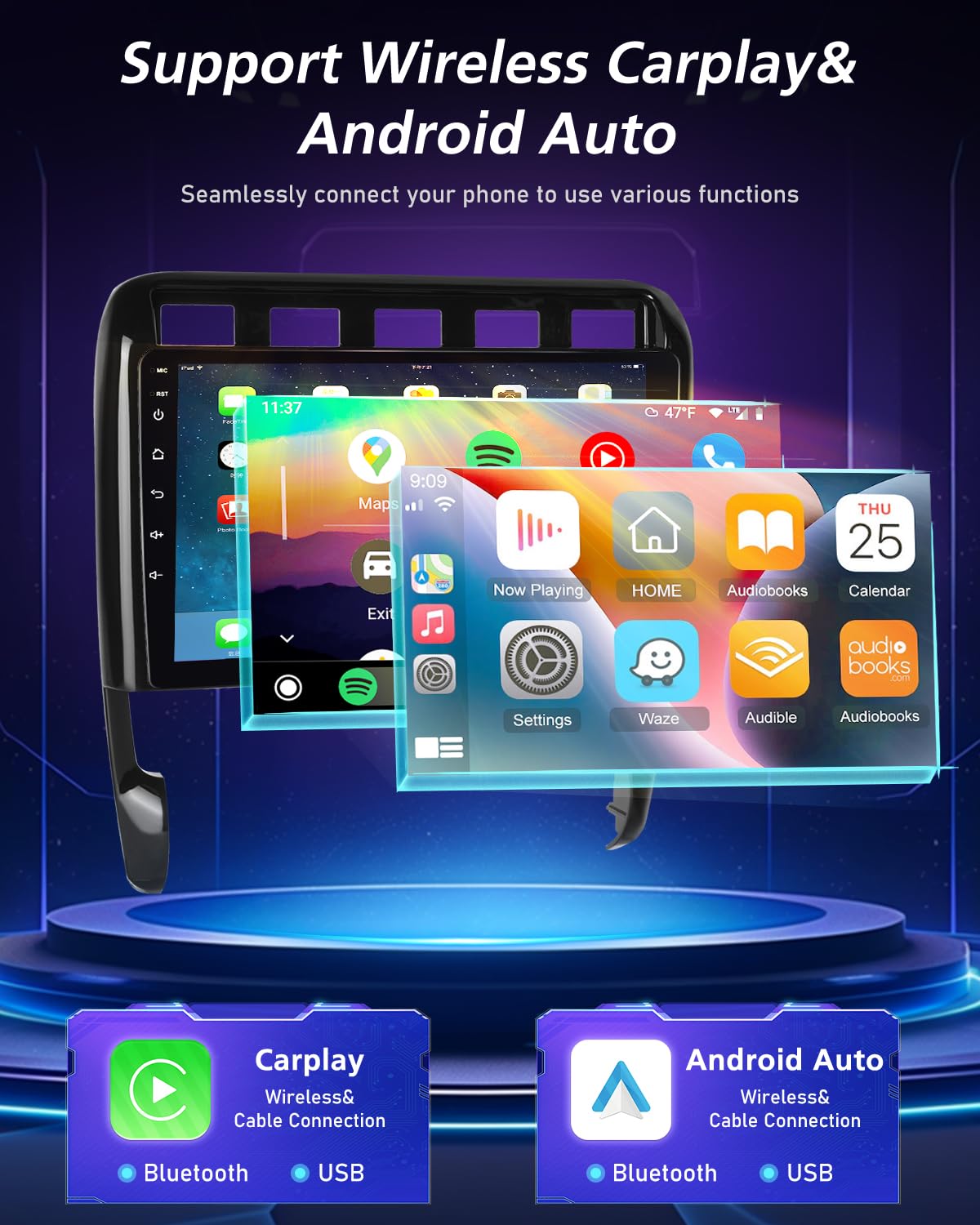NHOPEEW Qualcomm 8 Core 4+64G Autoradio per Porsche Cayenne 2002-2010 - 9 pollici Radio Supporto Carplay&Android Auto 5GHz Wifi&GPS DSP 3D Auto Mondel Display Ventola di raffreddamento