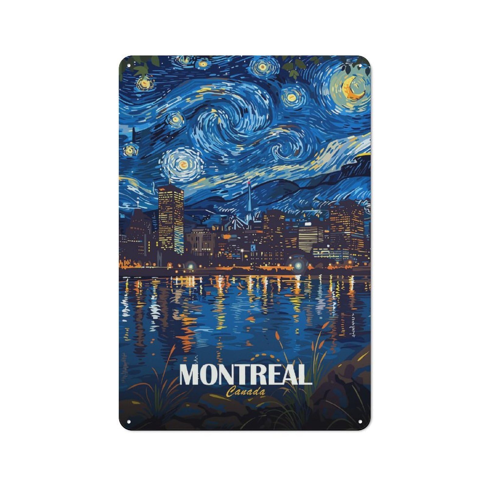 Junmoney Style-4 Rustic Metal Wall Sign 30X20cm Featuring Montreal Canada Starry Night Art For Garage Wall, Tin Sign Wall Decor For Garages And Workshops
