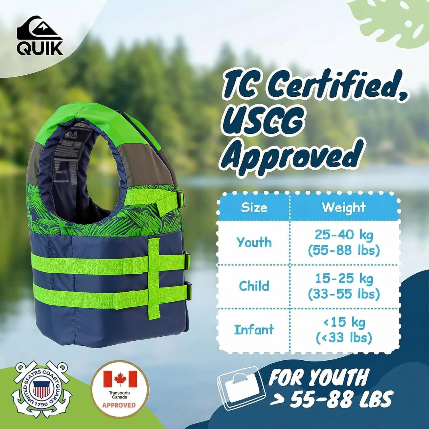 QUIKSILVER USCG Approved Life Jacket for Youth/Kids/Toddler, Lightweight Life Vest Type III PFD, for Waterskiing, Rafting, Boating, Paddleboarding, Kayaking, Fishing Watersports
