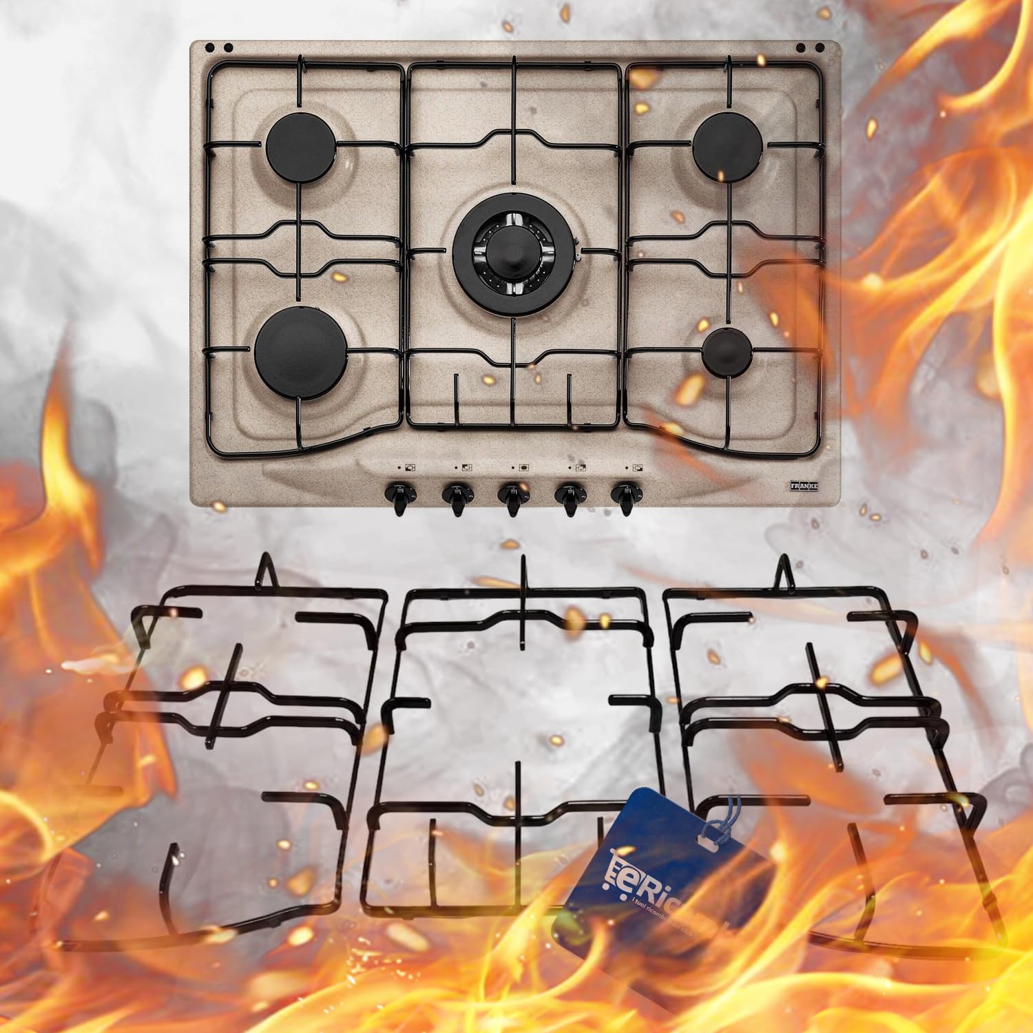 eRicambi®, Kit Sostituzione Franke Trend Set Completo, 3 Griglie + 5 Fornelli Cucina, Completi di Piattelli e Bruciatori. Dimensioni Griglia DX/SX 422x212 (mm) Griglia Centrale 390x230 (mm)