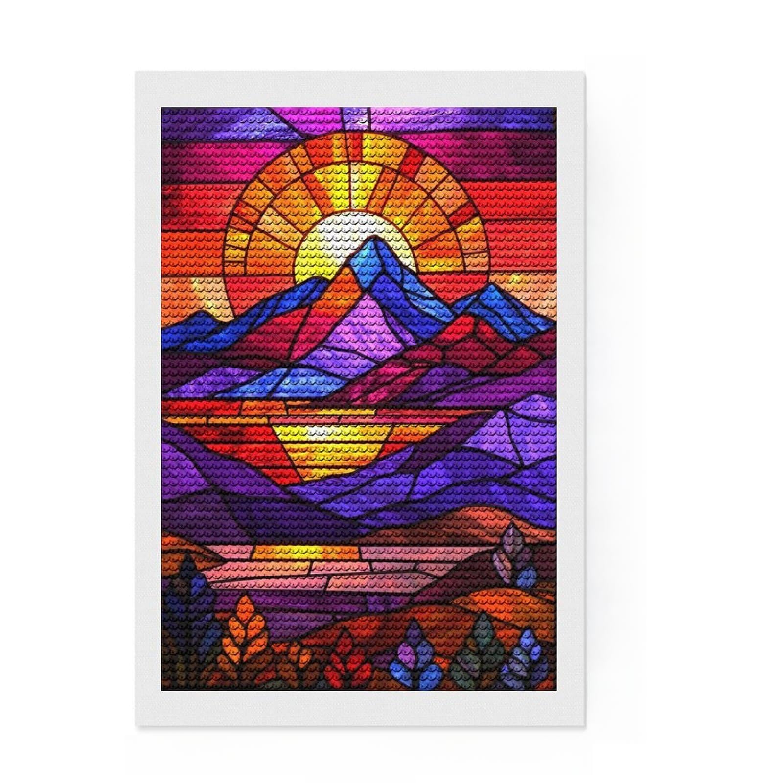 Junmoney Stained Glass Sunset Mountains Diamond Art Kit 8"x12", for Family Craft Time, Finish and Display, Birthday Gift, Bedroom Decor, Full Kit Included