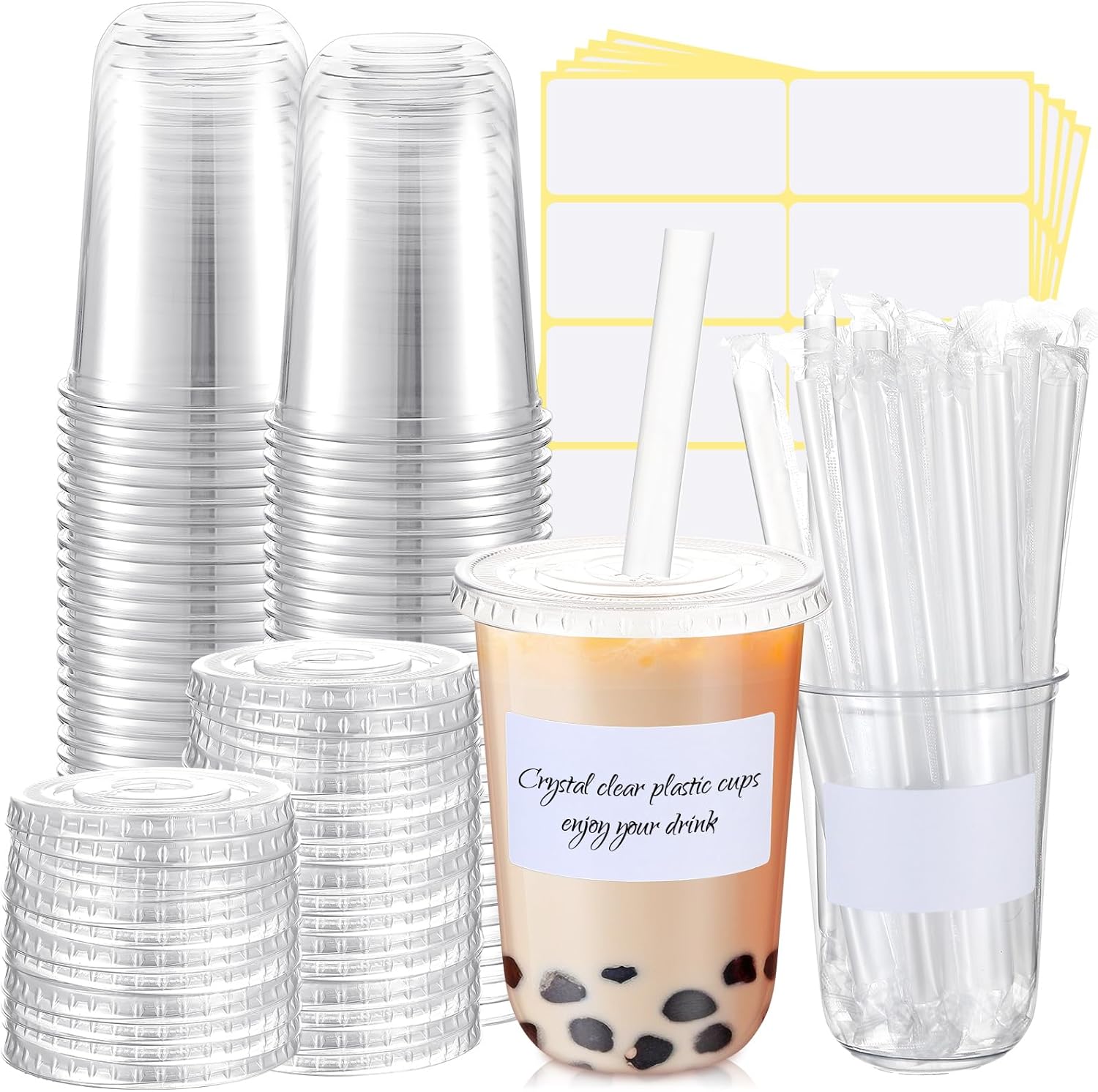 25 Sets Crystal Clear Plastic Cups with Lids, Straws and Stickers, Disposable Iced Coffee Cups Thickened PET for Iced Coffee, Bubble BobaTea, Smoothie, Cold Drinks, Juice, Shops (16 oz)