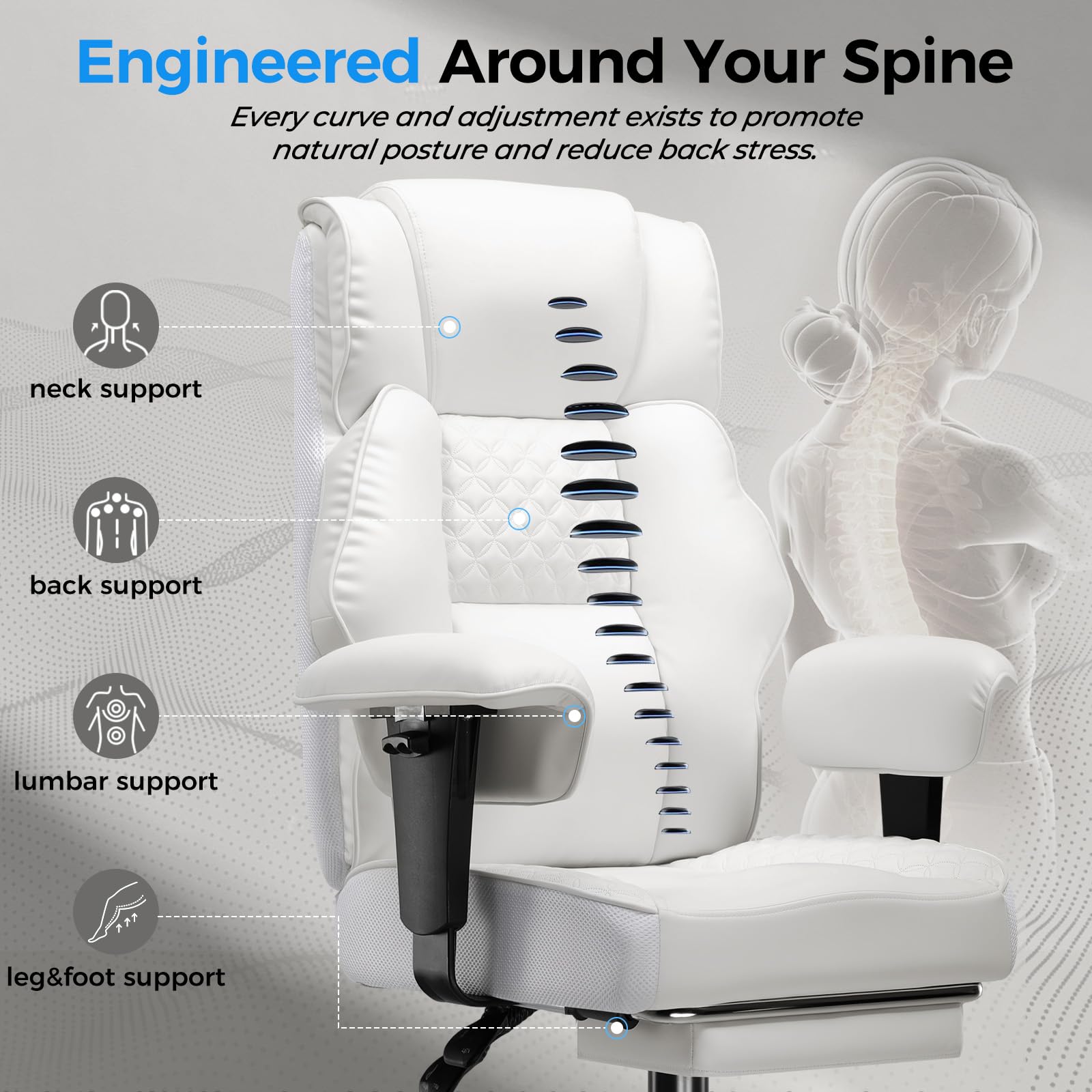 GTPLAYER Sedia da gaming, ampia sedia da ufficio con molla tascabile, sedia ergonomica per PC, regolabile e girevole con poggiapiedi, in ecopelle, 180 kg, bianco