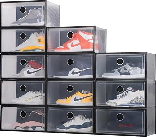 X-Large 12 Pack Shoe Storage Box, Clear Plastic Stackable Shoe Organizer for Closet, Shoe Sneaker Containers Bins Holders Fit up to Size 13 (Black)